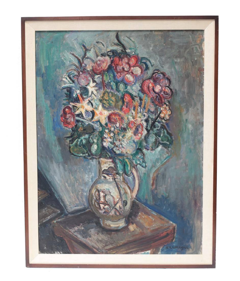 An oil on canvas still life painting of various colorful flowers in a vase by French artist, Kremegne. Signed Kremegne (lower right).

Please note this painting is accompanied by with original gallery card purchase receipt from IDA Kimche Gallery