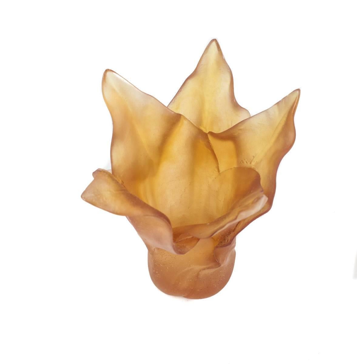 A stunning Daum France Pate-de-verre tulip vase in amber. Incised 