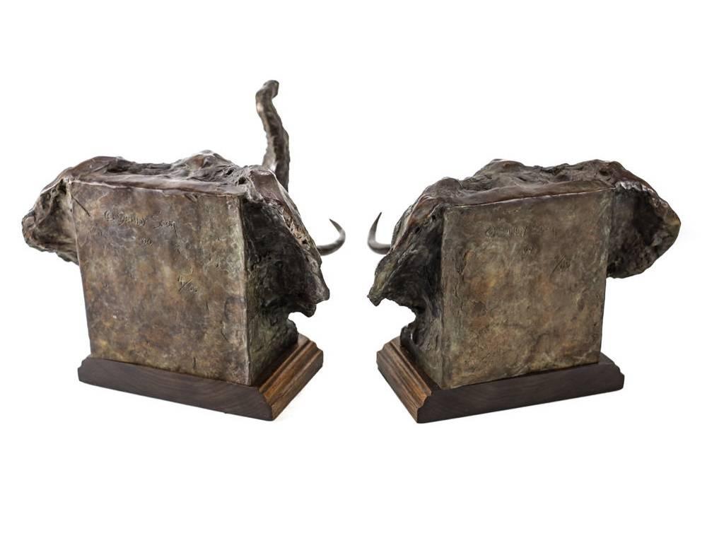 Late 20th Century Bronze and Wood Mounted Bookends by Sandy Scott