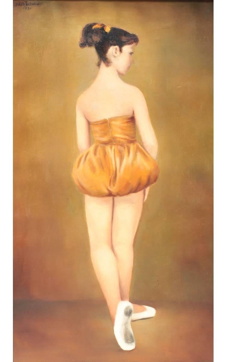 An oil on canvas painting of a ballerina by artist, Edith Tuchman titled, 