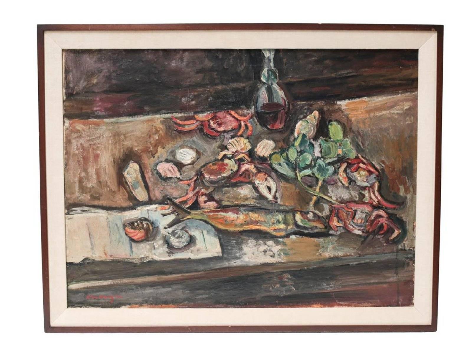 An oil on canvas still life painting of still life of crabs at the dinner table by French artist, Kremegne Signed Kremegne (lower left).

Please note this painting is accompanied with the original receipt of purchase from The Modern Art Gallery in