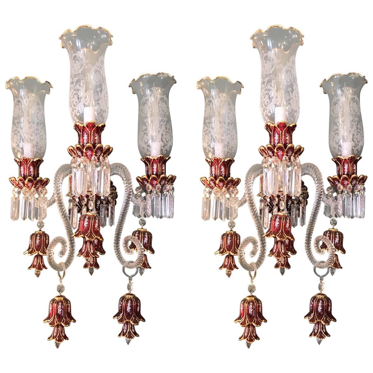 20th Century Baccarat Style Bohemian Crystal and 24-Karat Gold Sconces