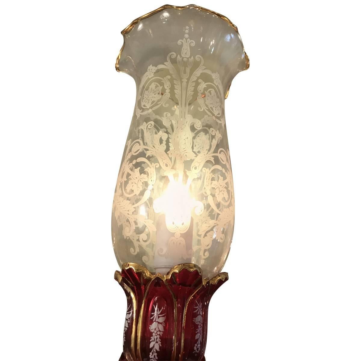 20th Century Baccarat Style Bohemian Ruby Glass Crystal 24 Karat Gold Chandelier In Excellent Condition In Pasadena, CA