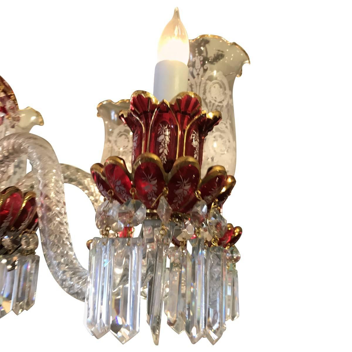 Hand-Crafted 20th Century Baccarat Style Bohemian Ruby Glass Crystal 24 Karat Gold Chandelier