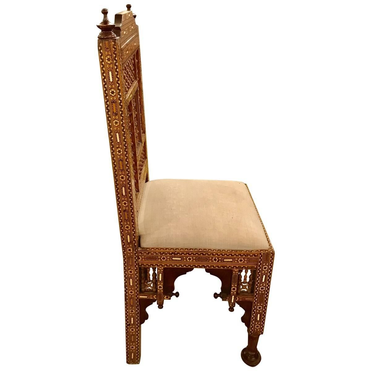 Stunning Syrian / Moroccan Moorish handcrafted chairs in a vintage design. This set of chairs come with depth and soul of a previous era, having been produced from 1940 through the 1990s, lending unique interest when mixed with other periods. Lavish