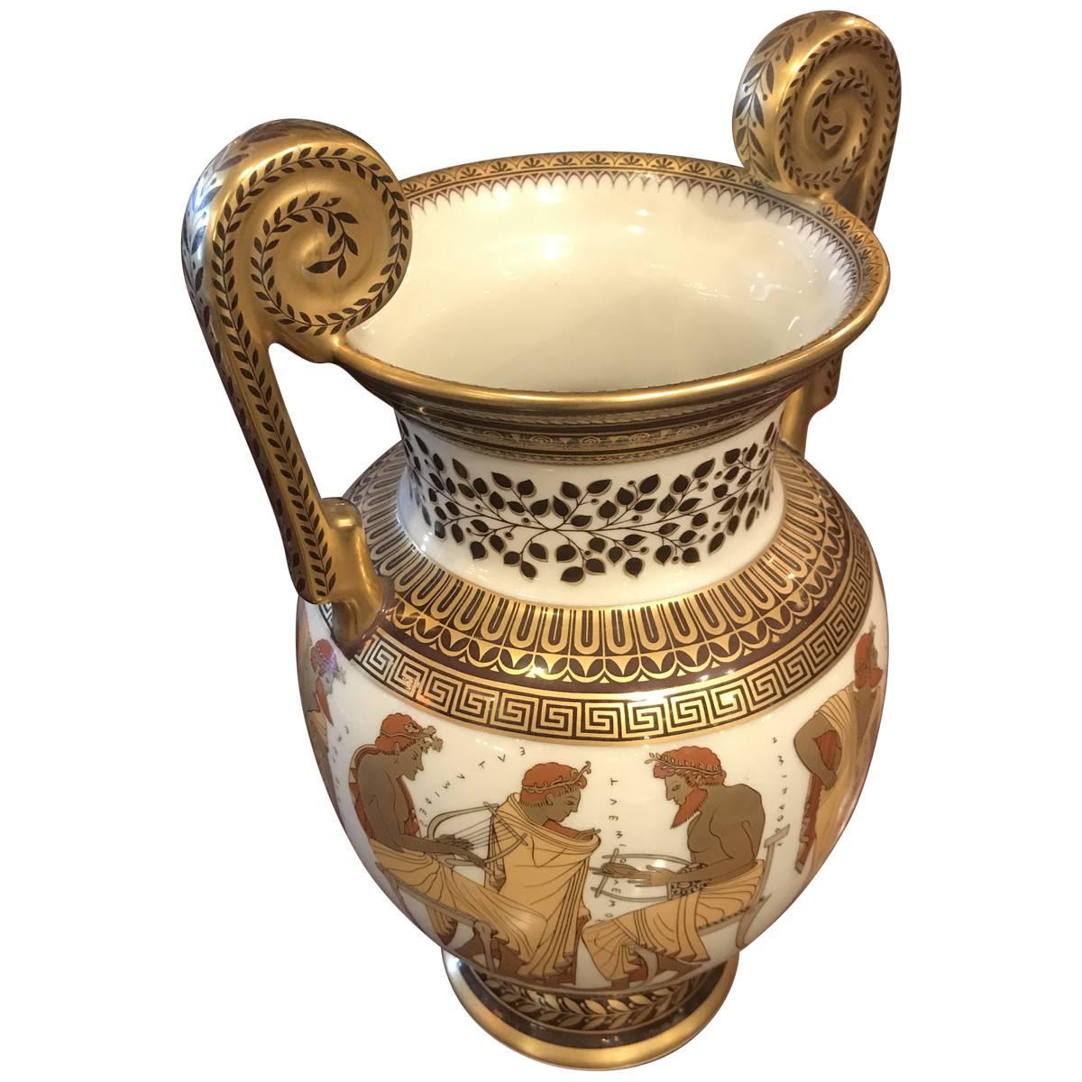 This vintage porcelain vase is from the 1950s, but decorated in a classical revivalist style, decorated with depictions of Grecian antiquity. It provides a rich accent for a contemporary living room.

Mouth of the vase measures 6.5 inches in