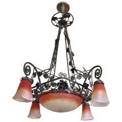 Muller Freres Art Deco Wrought Iron and Glass Chandelier