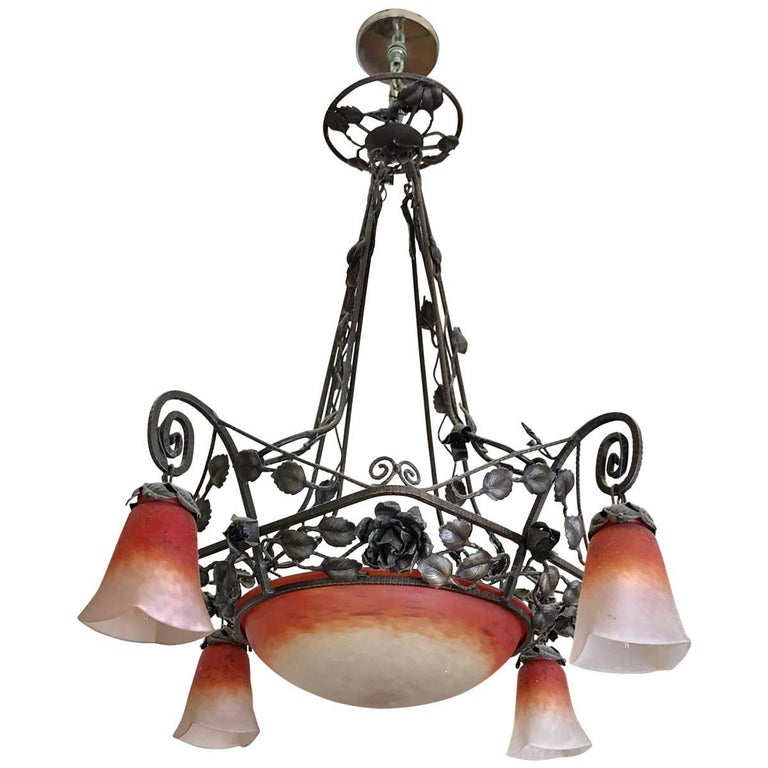French Art Nouveau Wrought Iron And Gl Chandelier At 1stdibs Muller Freres Art Deco Wrought Iron And Gl Chandelier
