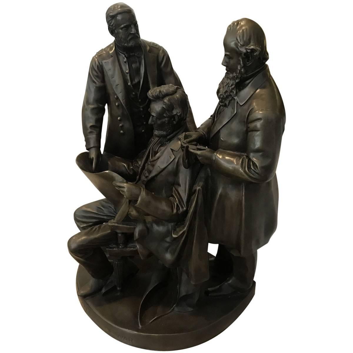 Bronze sculptor by John Rogers. Eye-catching and one-of-a-kind, this handcrafted bronze sculpture depicts President Abraham Lincoln, General Ulysses S. Grant and Secretary of War Edwin Stanton reviewing the Army of the Potomac plan. Handmade by