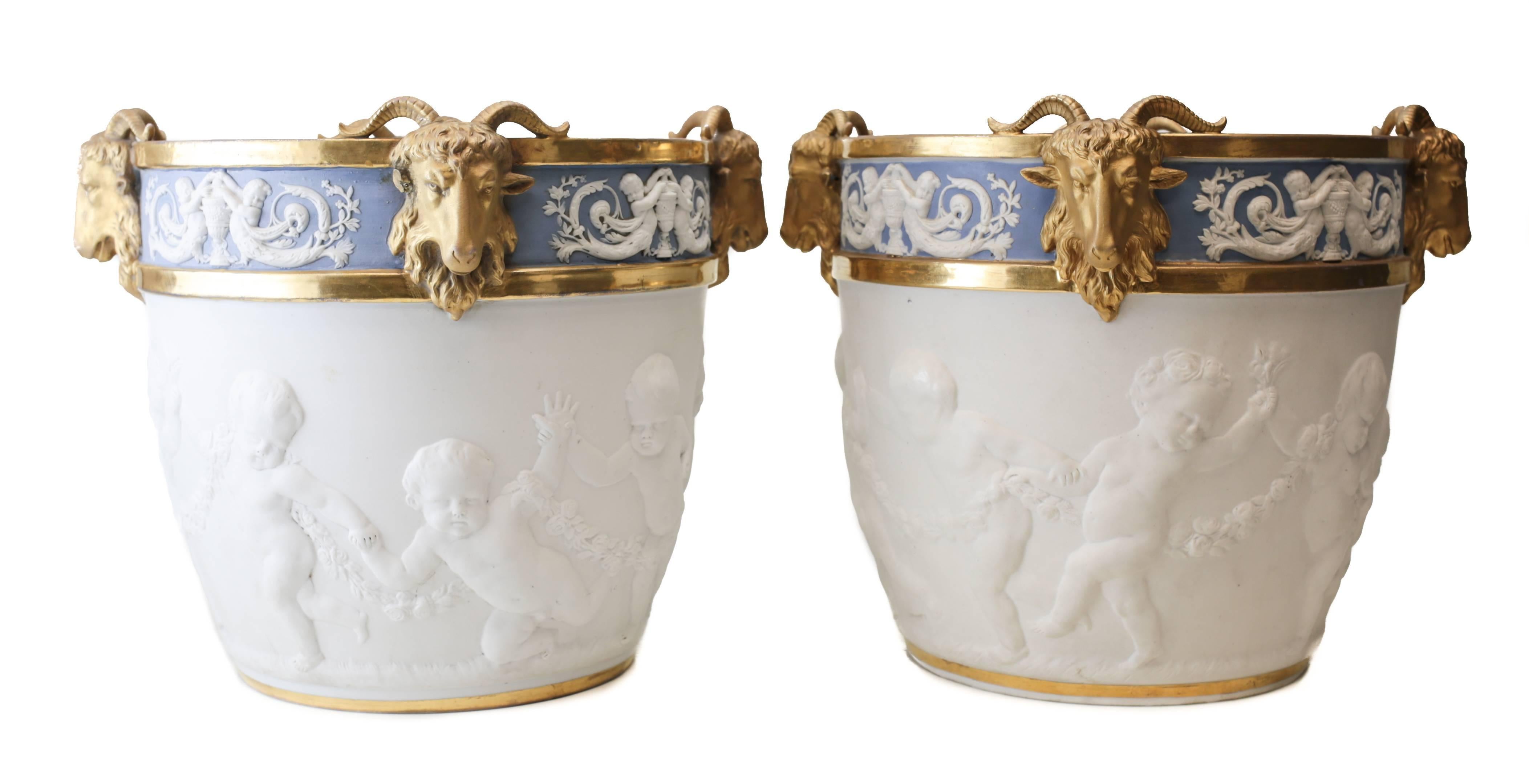 Large Pair of Sevres French Porcelain Cache Pots In Excellent Condition In Pasadena, CA