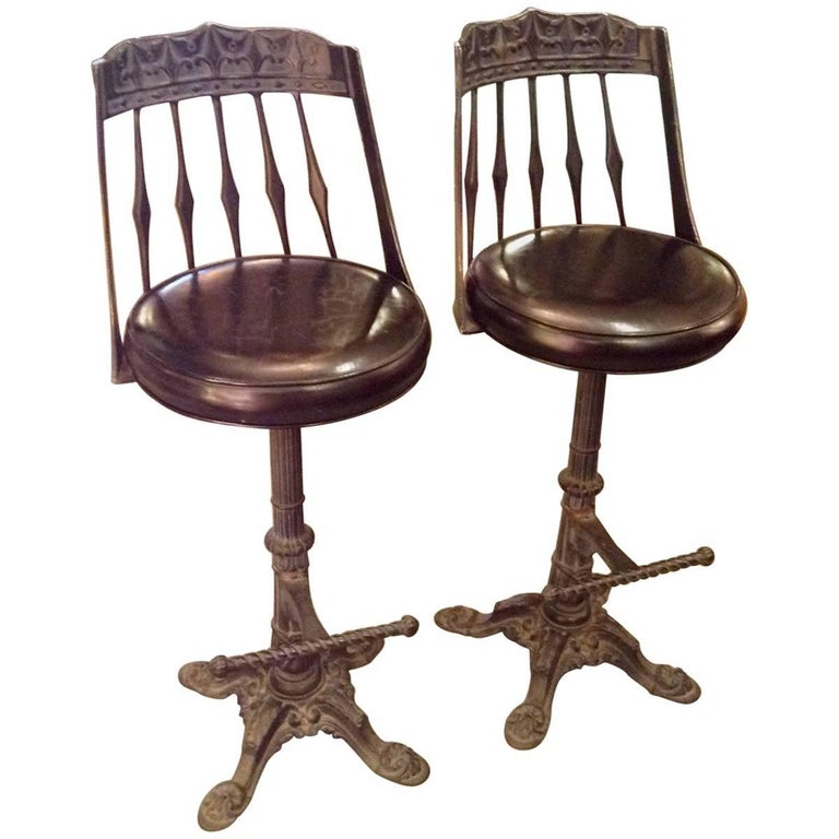 Pair Of Cast Iron And Leather Bar Stools At 1stdibs Imbued With An Unmistakable Heirloom Feel These Vintage Bar Stools Have Elaborately Cast Iron Bases