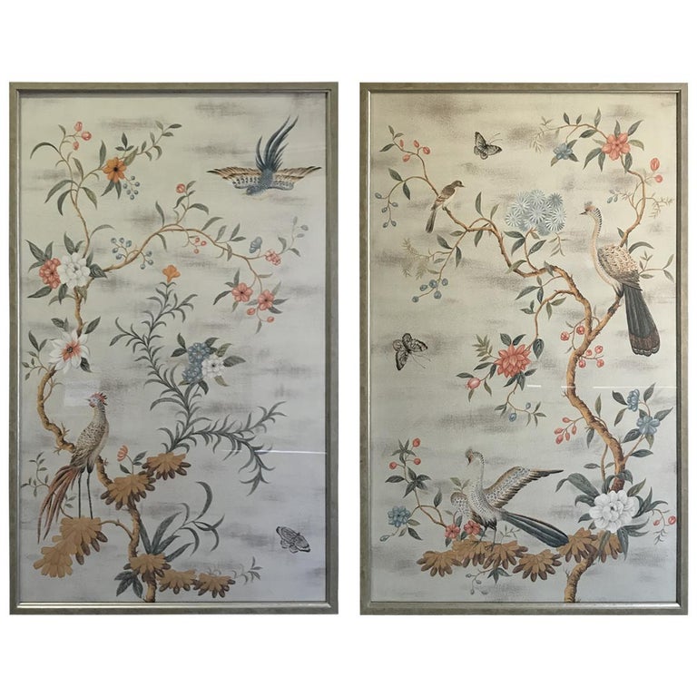 Pair of Framed Modern Midcentury Gracie Chinoiserie Wallpaper Panels at ...