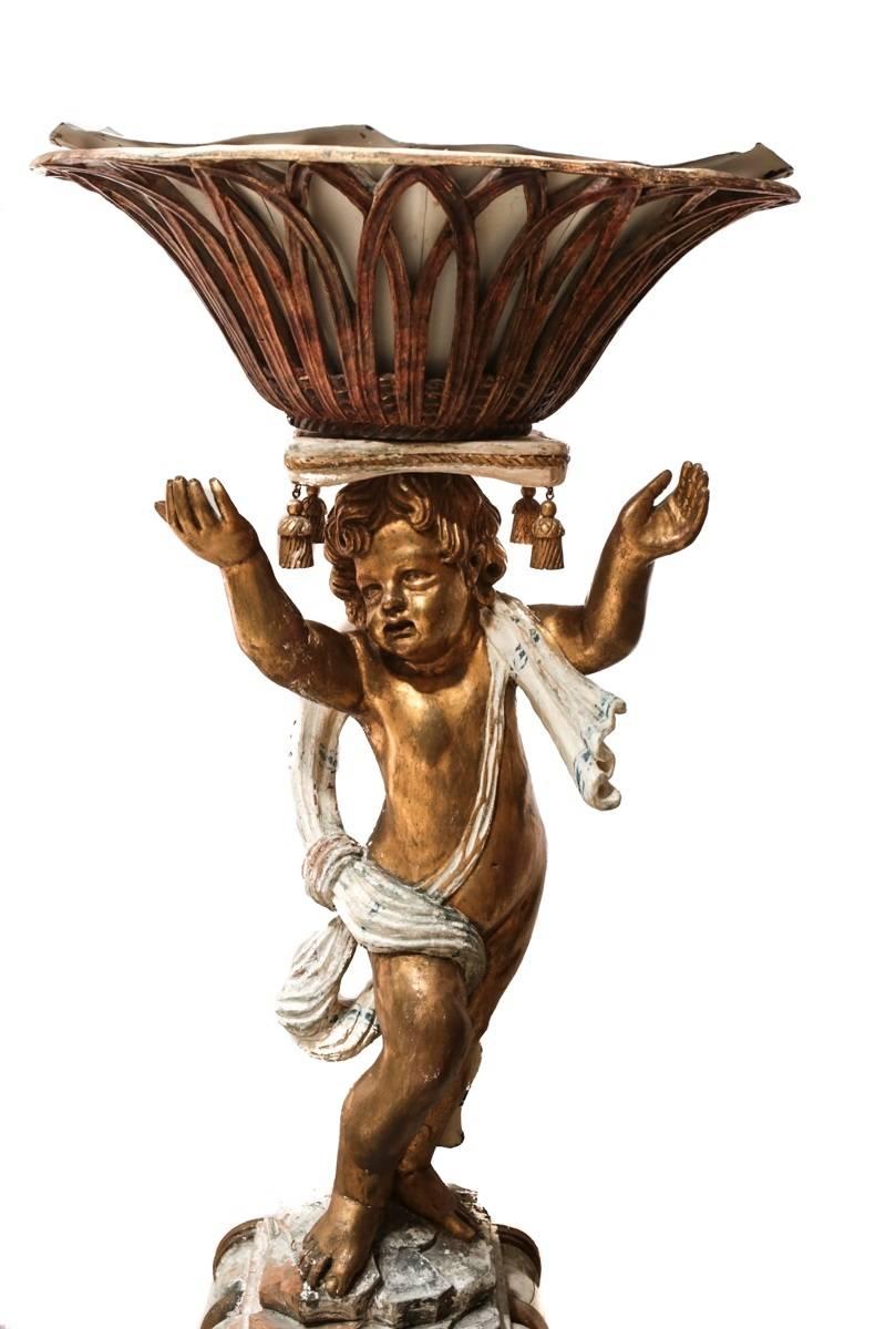 18th Century Italian Carved Wood Figural Putti Pedestal Planters In Good Condition For Sale In Pasadena, CA