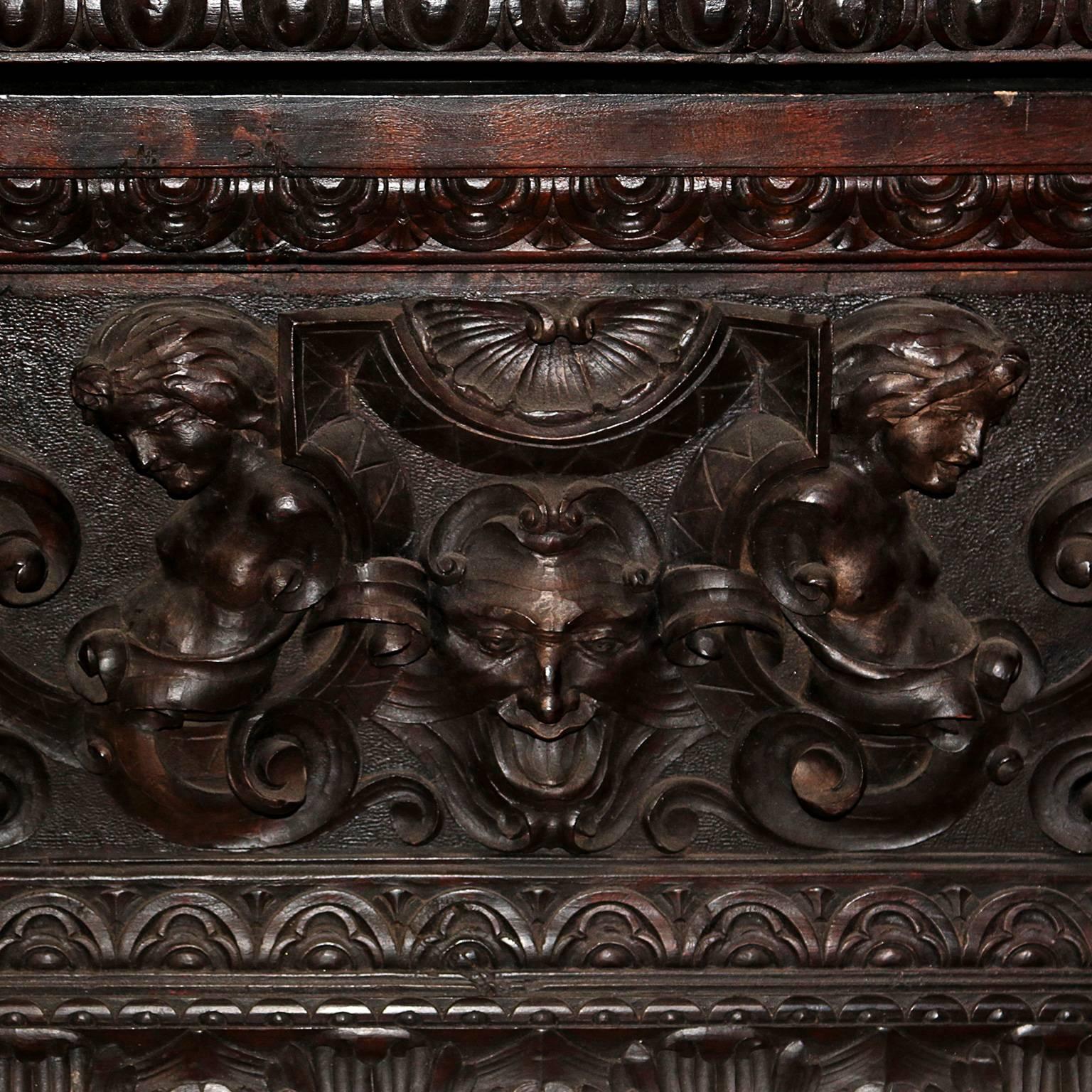 Hand-Carved 19th Century Baroque Heavily Carved Trunk with Hand-Forged Iron