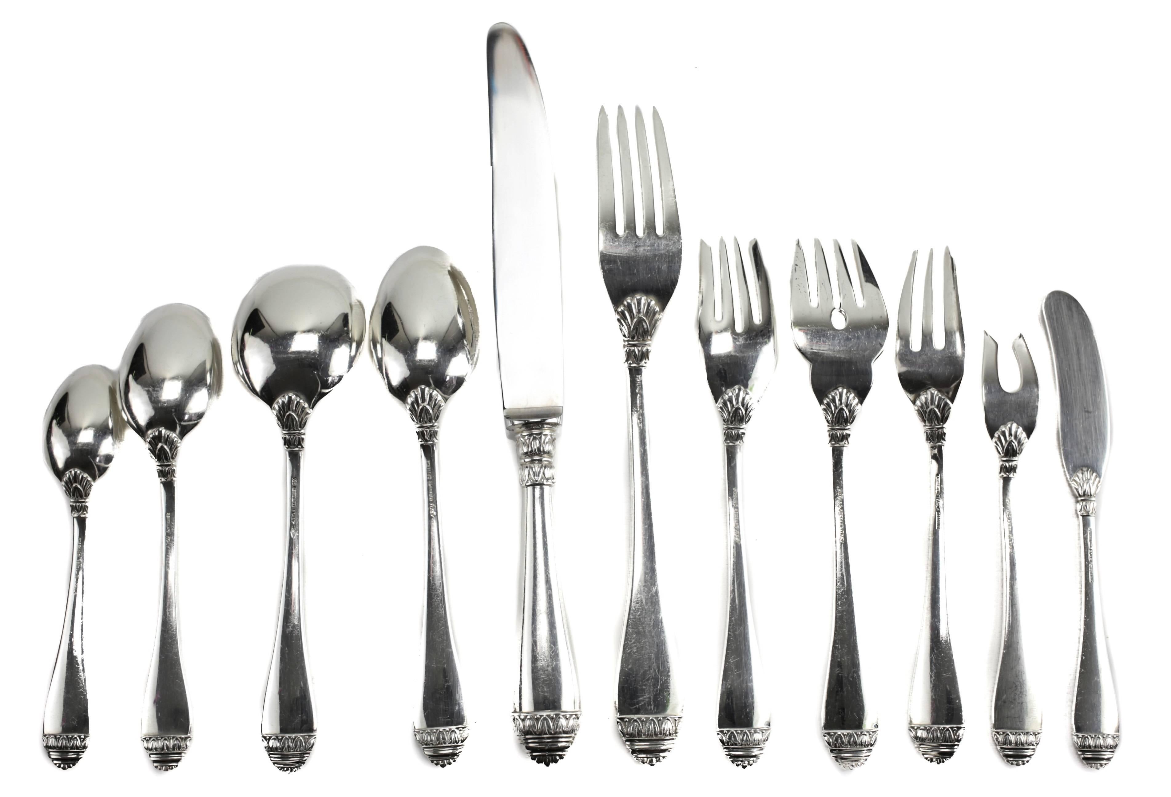 A large 144-piece Buccellati sterling silver service in the discontinued French Empire pattern. 

The service is comprised of 12 of each: dinner knives, dinner forks, salad forks, fish forks, cake forks, lemon forks, dessert spoons, demitasse