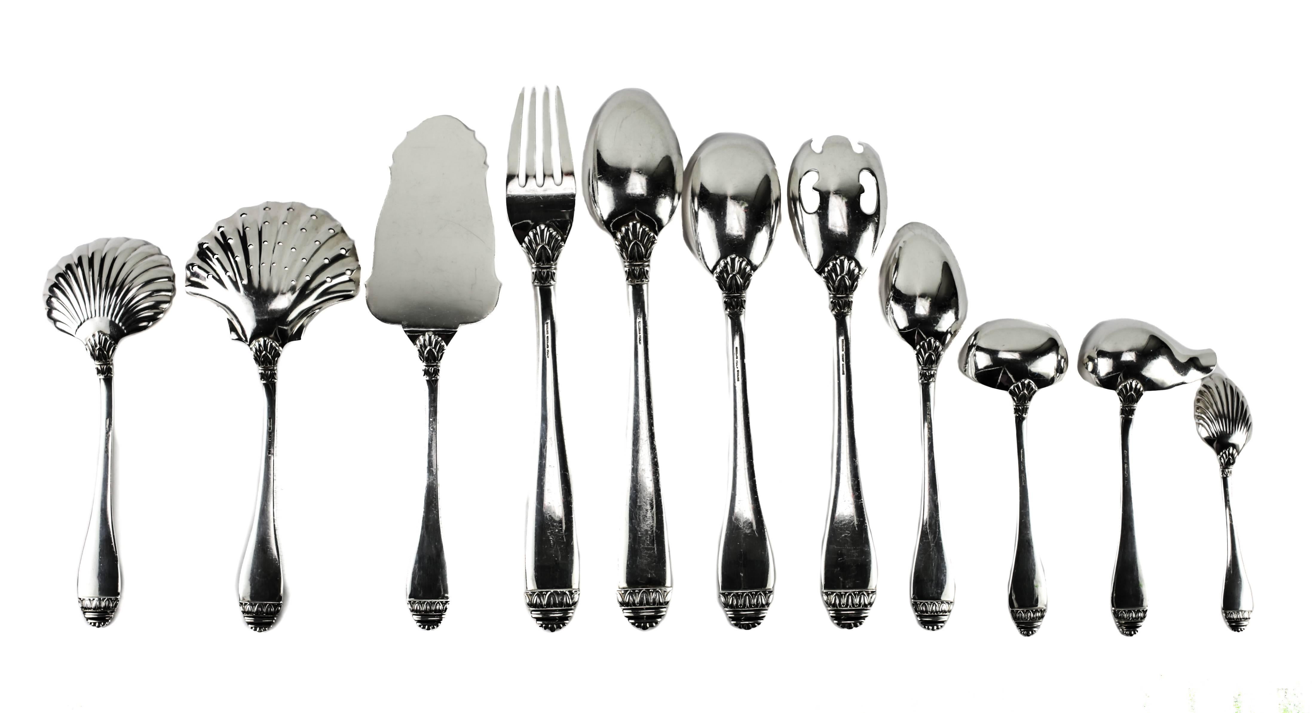 11-Piece Sterling Silver Flatware Service for 12 in French Empire by Buccellati In Fair Condition In Pasadena, CA