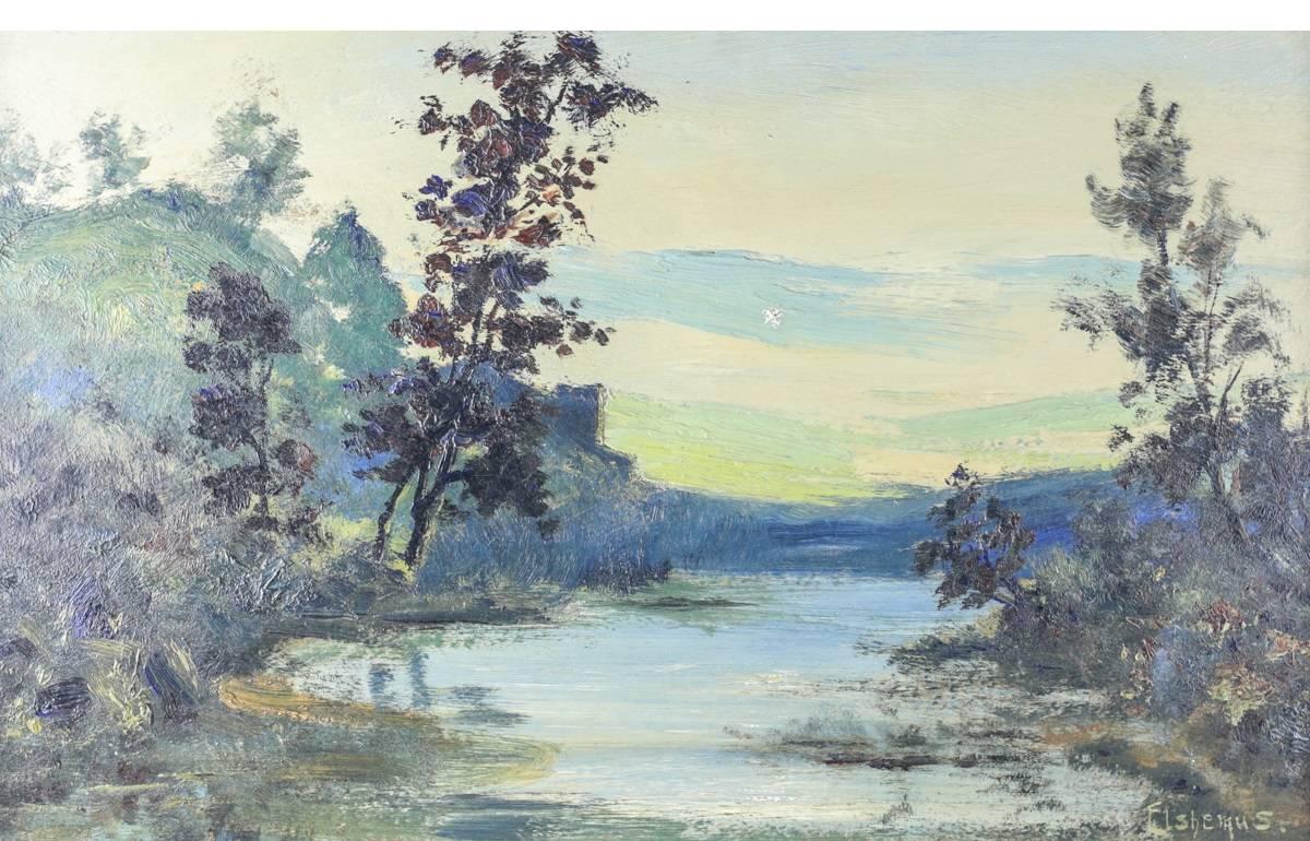 A serene oil on board painting by American artist Louis Michel Elshemius (1864-1942.) In typical impressionistic style, with an especially colorful and vibrant palette depicting a calm river overhung with dark trees beneath pale skies and a subdued