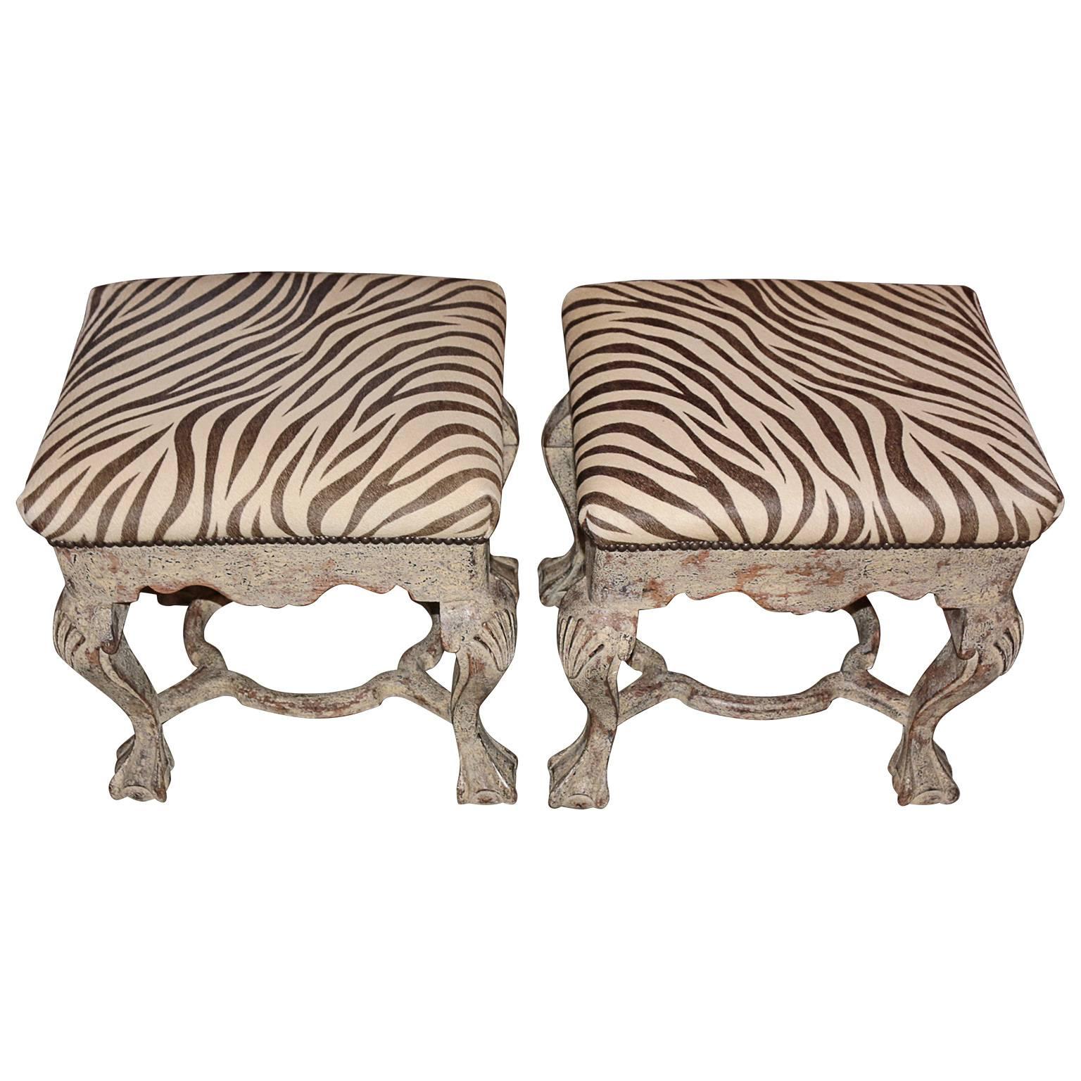 Chippendale Pair of 1960s Printed Italian Zebra Striped Foot Stools