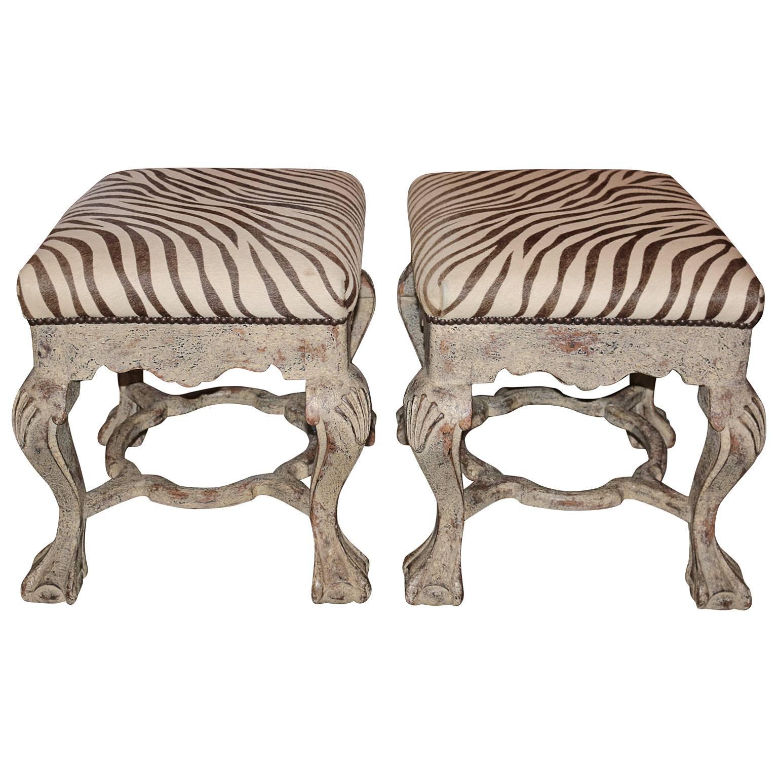 Hand-Carved Pair of 1960s Printed Italian Zebra Striped Foot Stools
