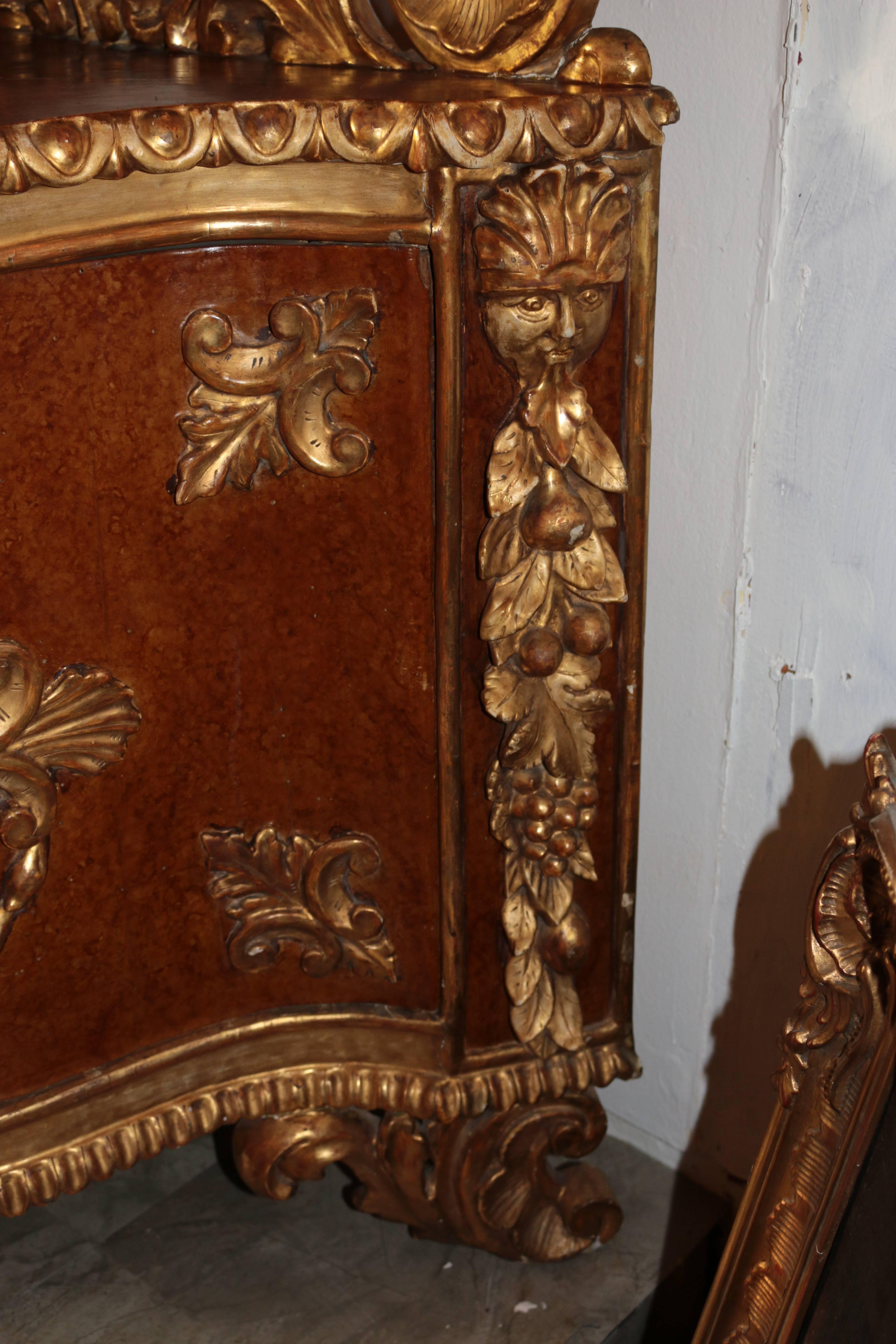 Wood 19th Century Italian, three-Tier Gilt Corner Cabinet with Enclosed Cupboard