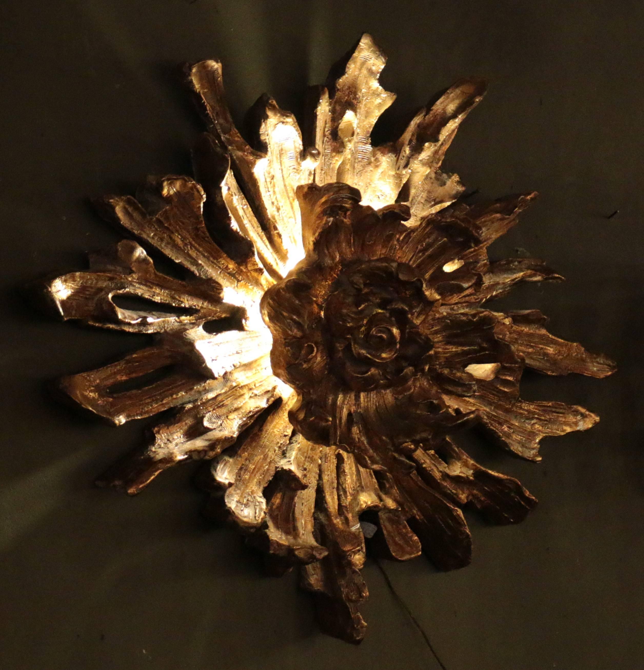 American Monumental Mid-Century Fiber Glass Rose Sunburst Wall Light