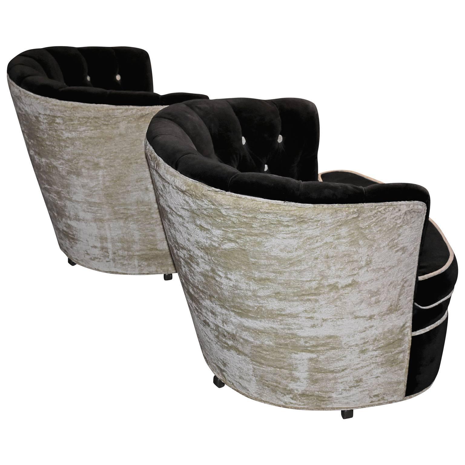 Italian Pair of Soft Cushion Black Pouf Club Chairs
