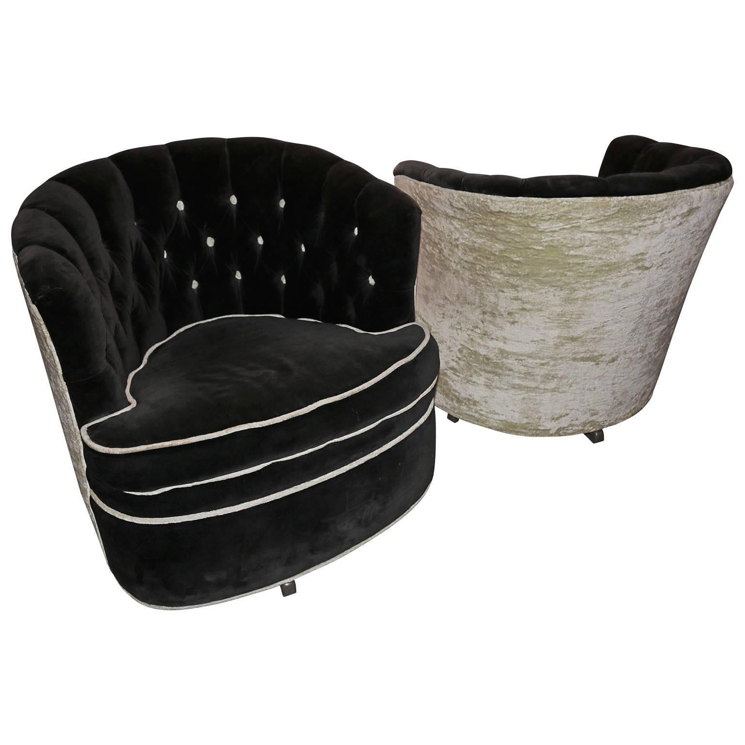 Hand-Woven Pair of Soft Cushion Black Pouf Club Chairs