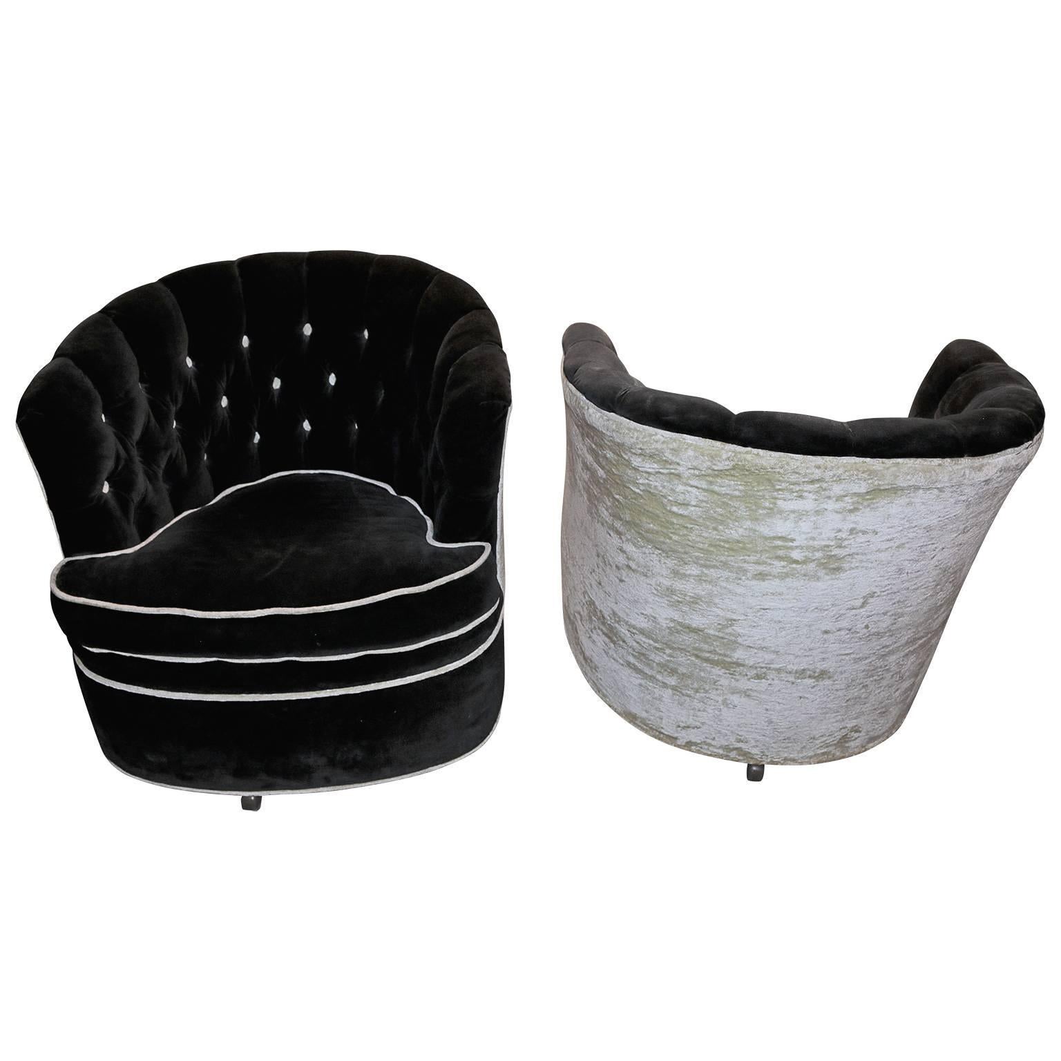 Hollywood Regency Pair of Soft Cushion Black Pouf Club Chairs