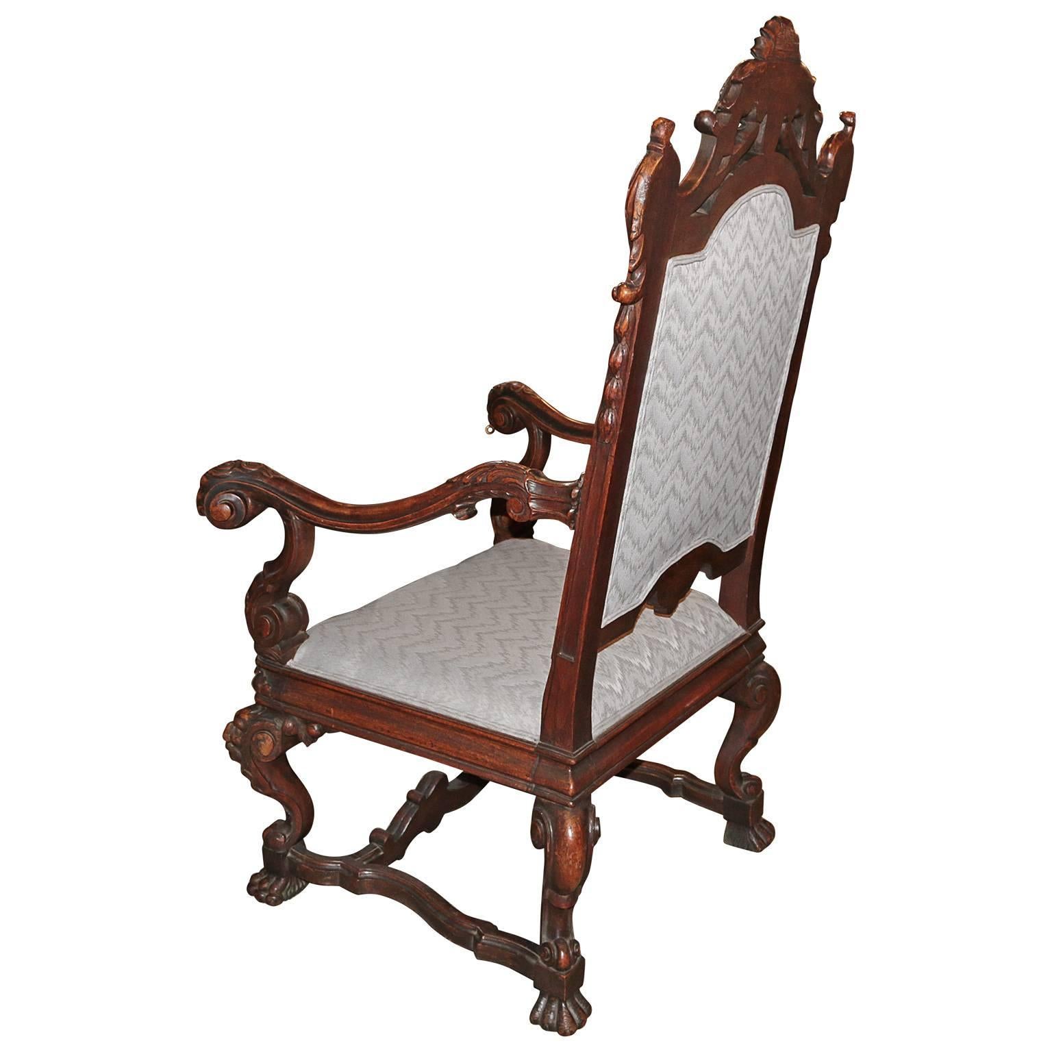 Spanish Colonial Spanish Hand-Carved Kings Chair with 24-karat Gold-Plated Bronze Emblem