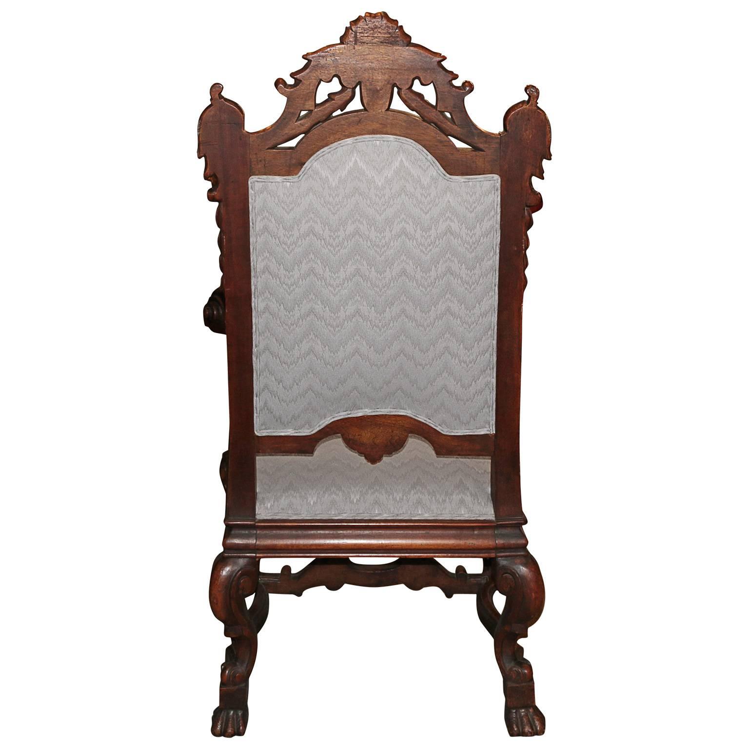 Spanish Hand-Carved Kings Chair with 24-karat Gold-Plated Bronze Emblem In Excellent Condition In Pasadena, CA