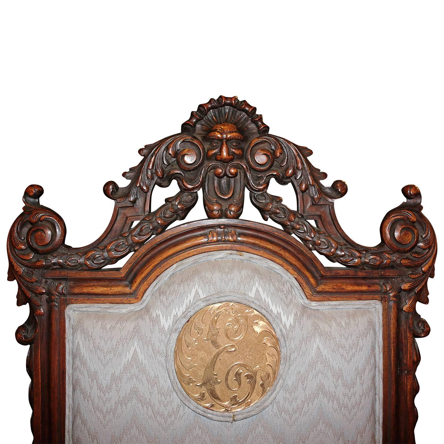 Gold Plate Spanish Hand-Carved Kings Chair with 24-karat Gold-Plated Bronze Emblem