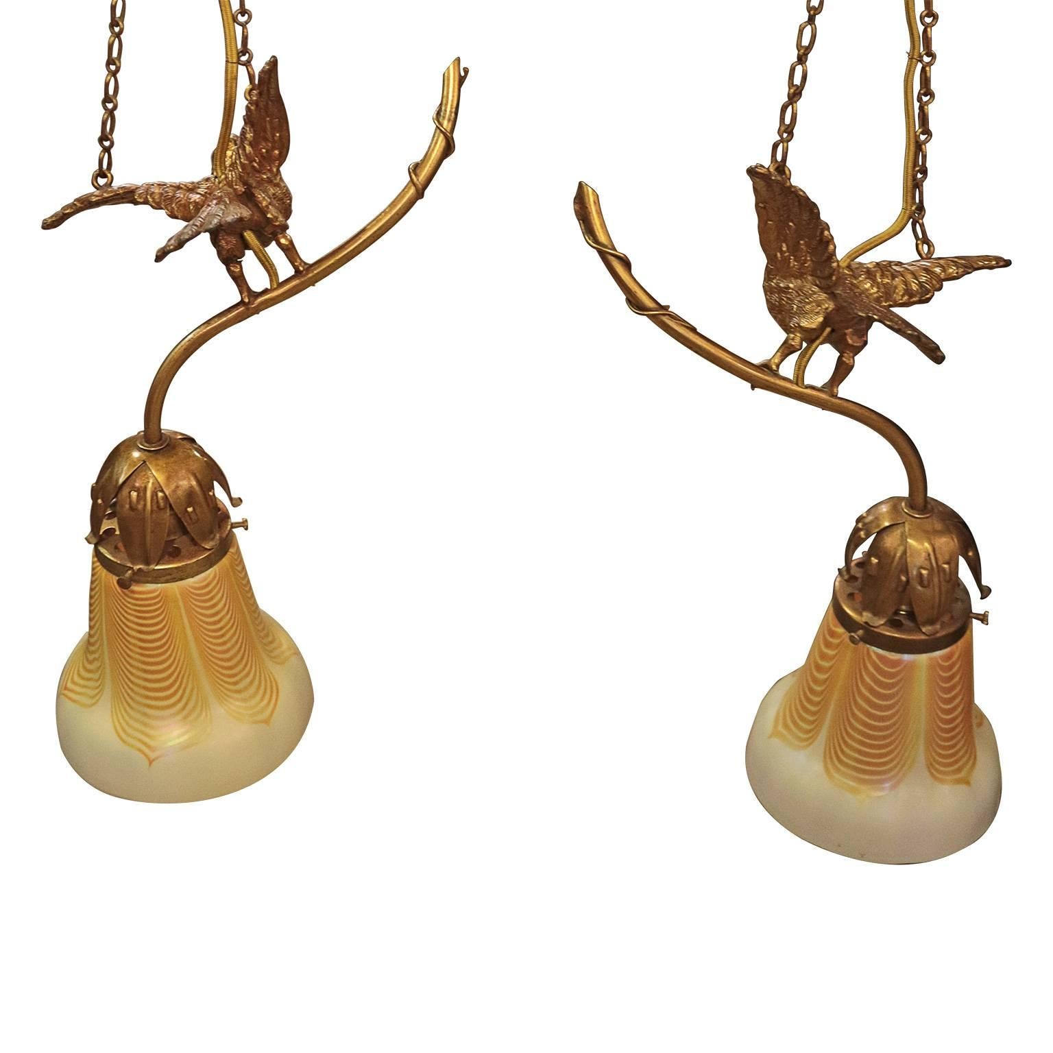 French Pair of Bronze Ormolu Birds with Steuben Glass Shade