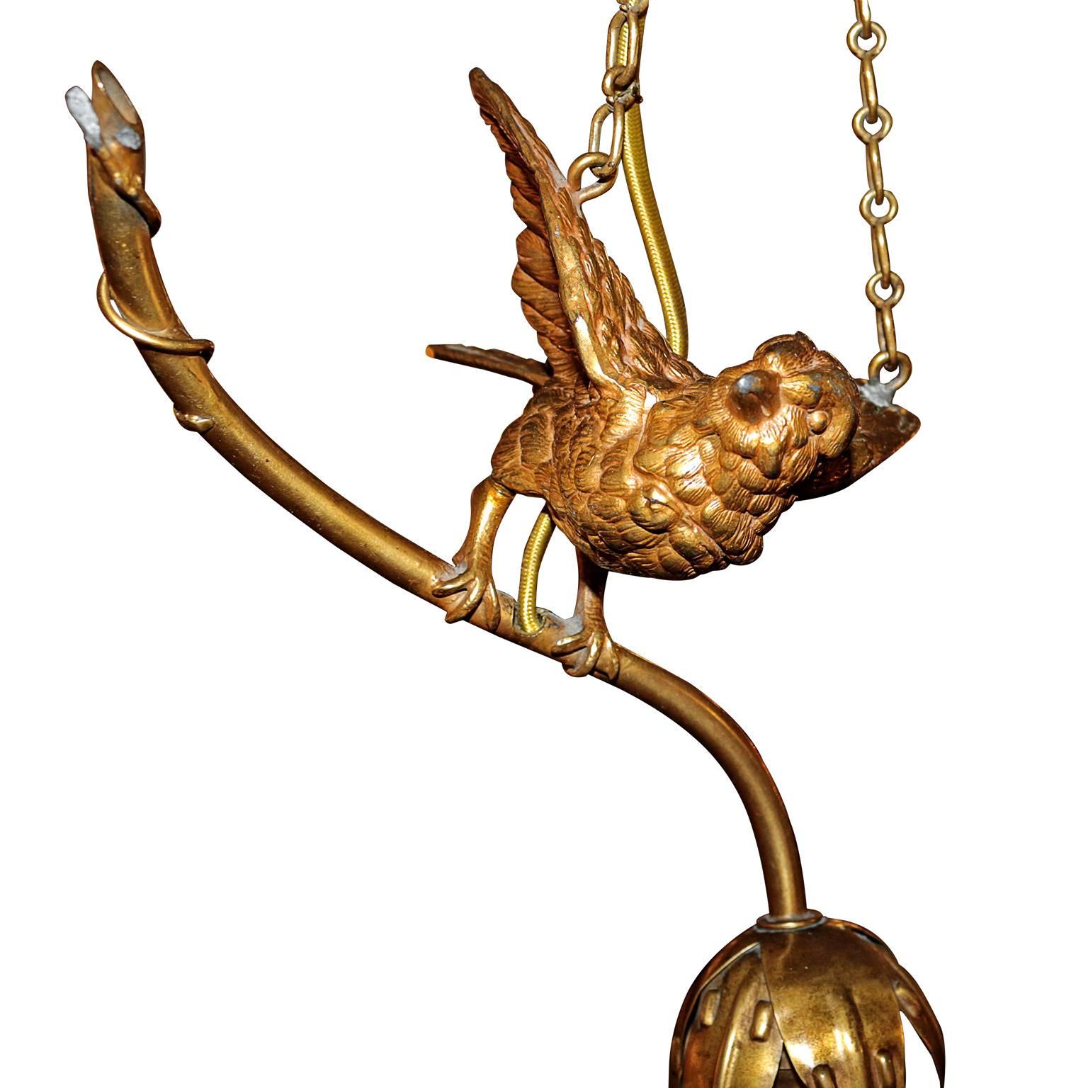 Hand-Crafted Pair of Bronze Ormolu Birds with Steuben Glass Shade