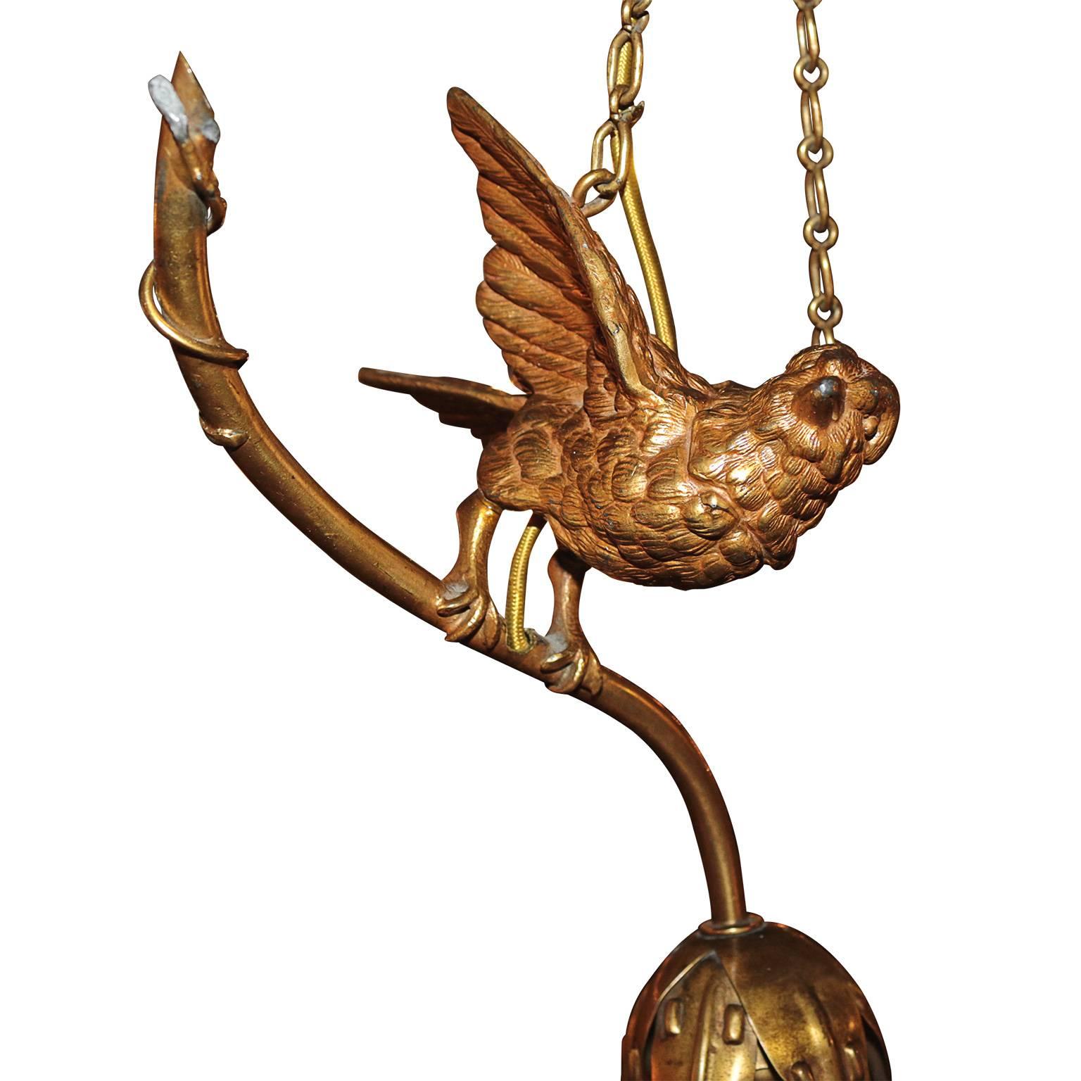 Pair of Bronze Ormolu Birds with Steuben Glass Shade 1