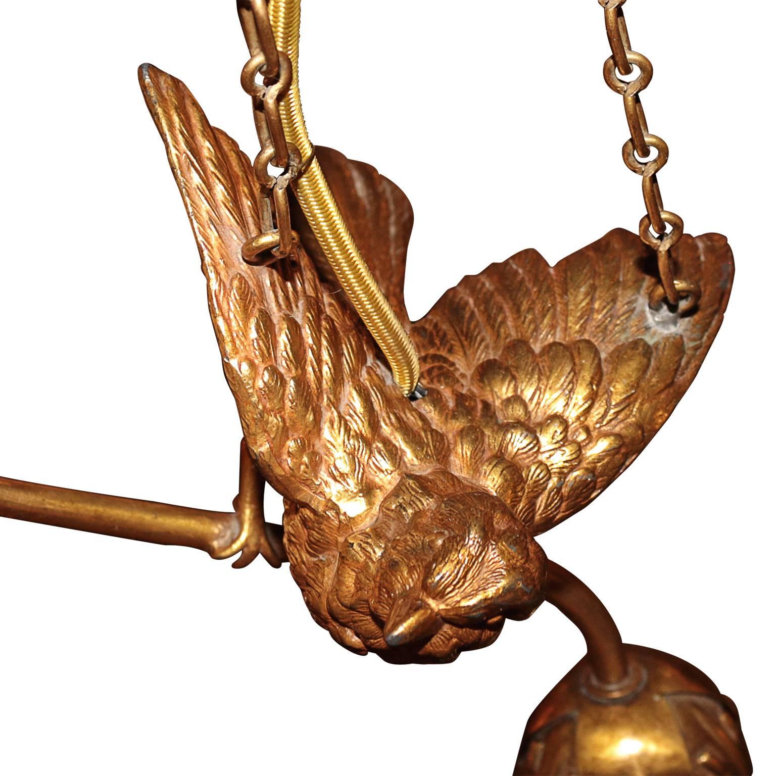 20th Century Pair of Bronze Ormolu Birds with Steuben Glass Shade