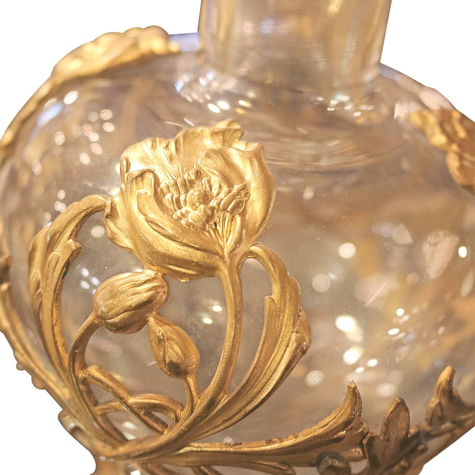 Art Noveau Crystal Glass Ormolu Jar with Bronze Frame In Excellent Condition In Pasadena, CA