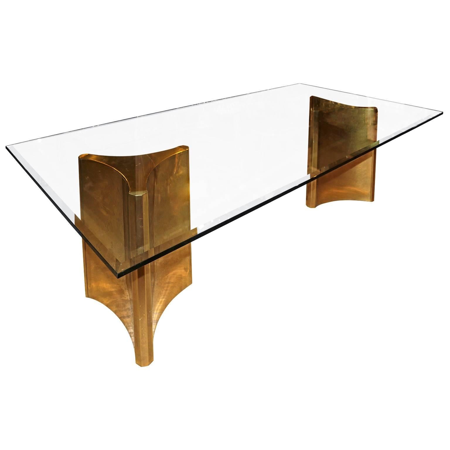 Mid-Century Modern Double Brass Pedestal Dining Table with Beveled Glass by Mastercraft