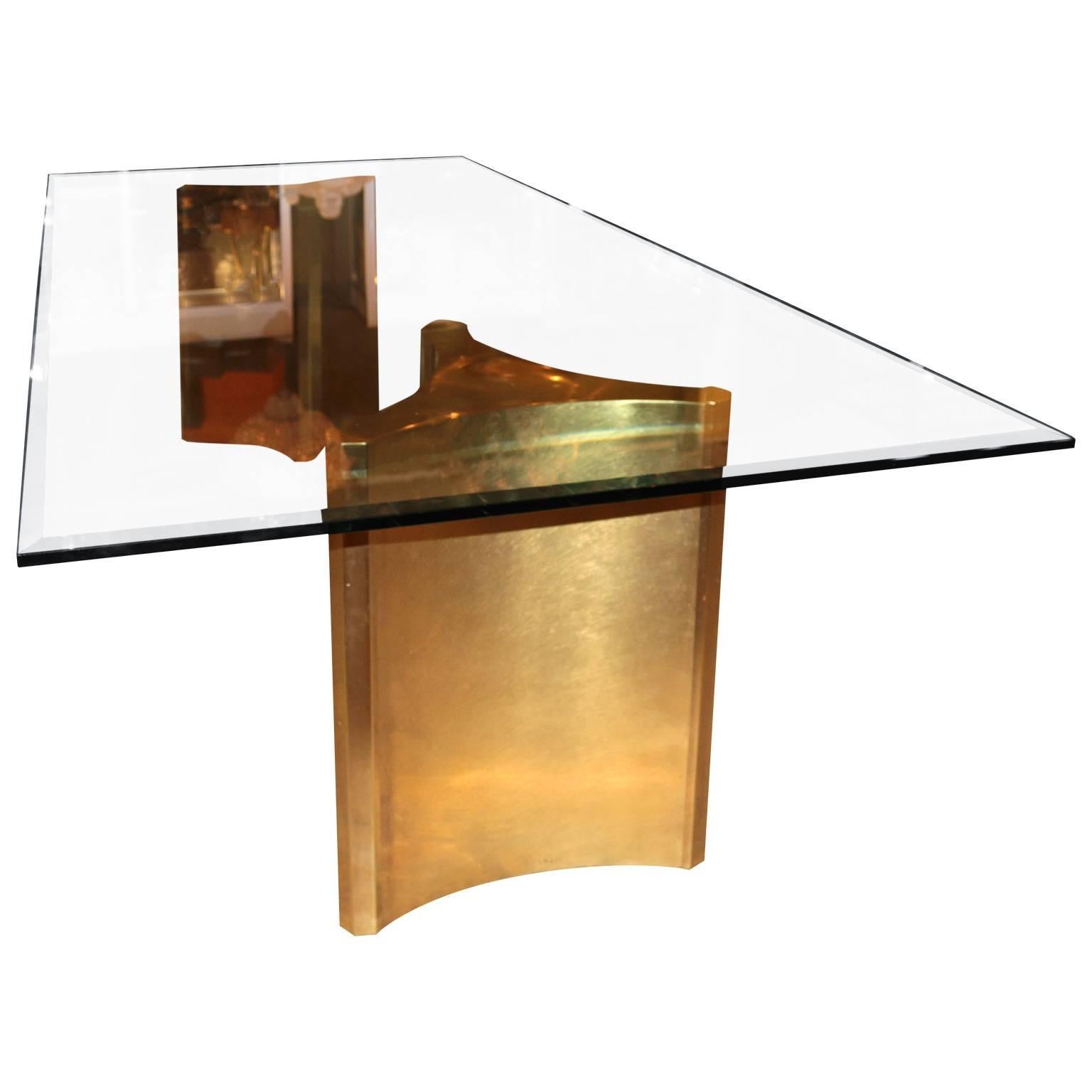 American Double Brass Pedestal Dining Table with Beveled Glass by Mastercraft