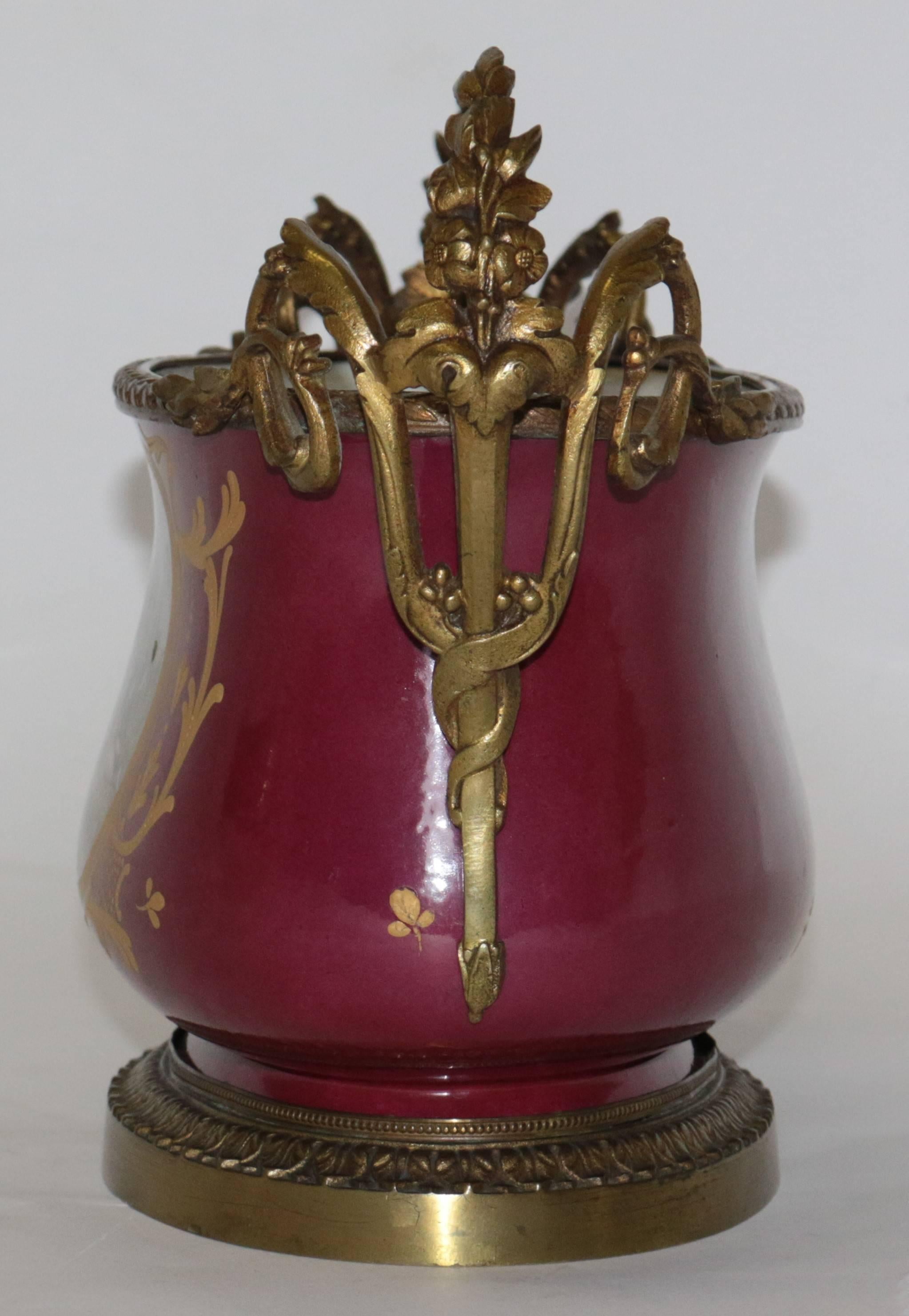 19th Century Sevres Porcelain Bronze Handle Center Piece In Excellent Condition In Pasadena, CA
