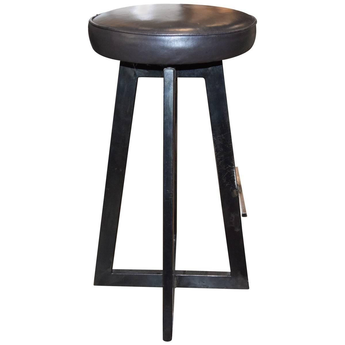 Mid-Century Modern Industrial Leather and Iron Bar Stools