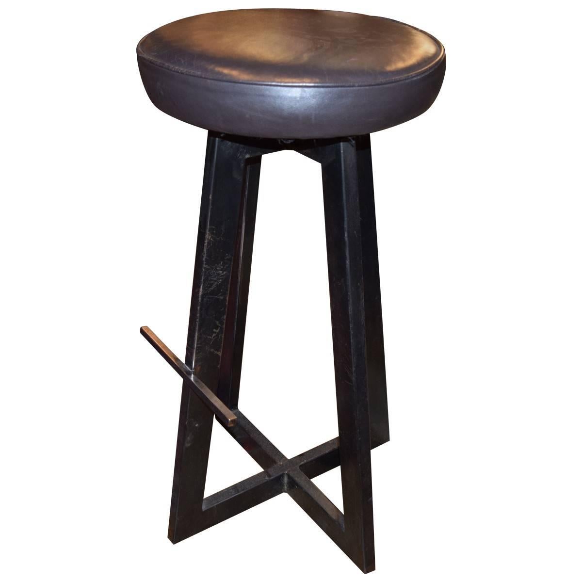 French Industrial Leather and Iron Bar Stools