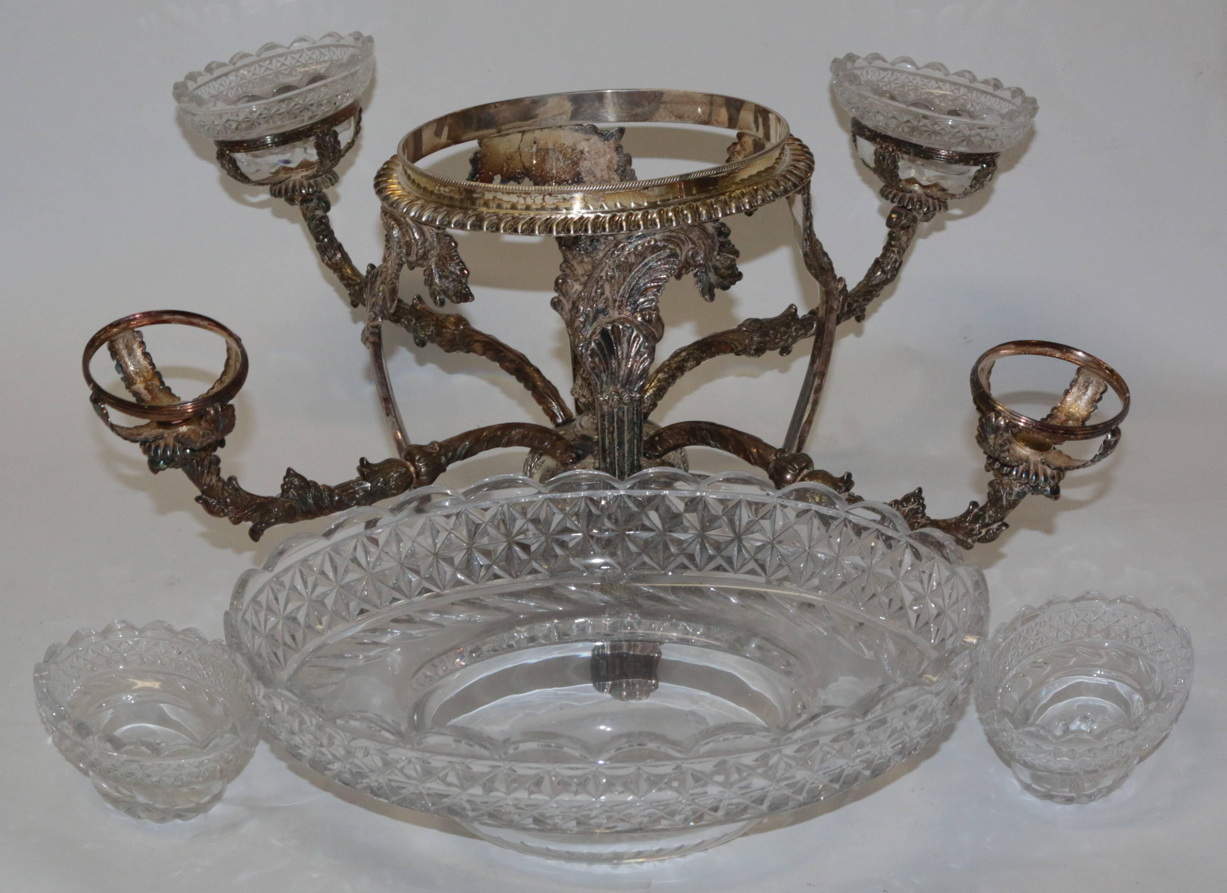 Silver Plated Centrepiece with Four Arms in Bohemian Cut Crystal In Excellent Condition In Pasadena, CA