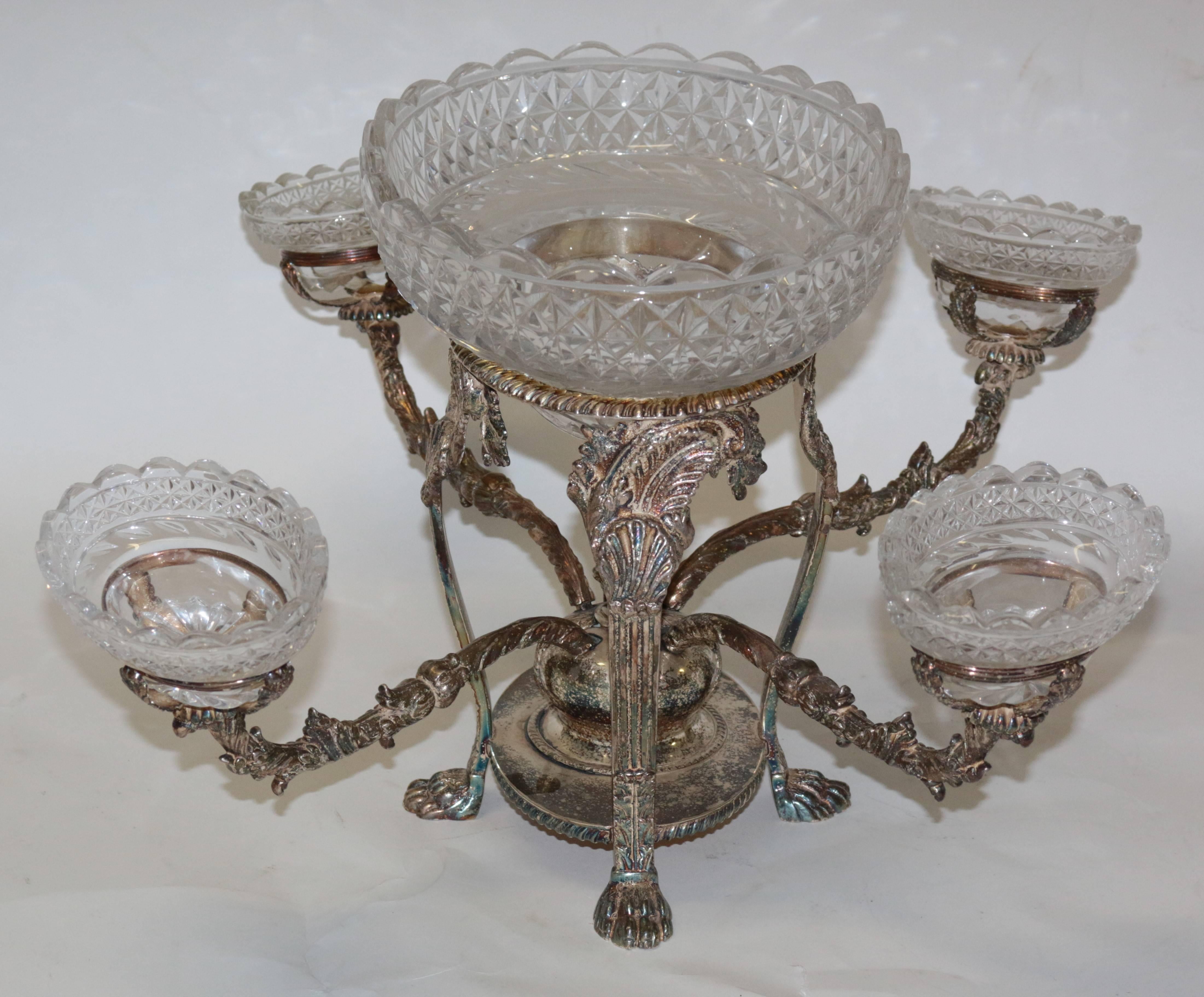 English Silver Plated Centrepiece with Four Arms in Bohemian Cut Crystal
