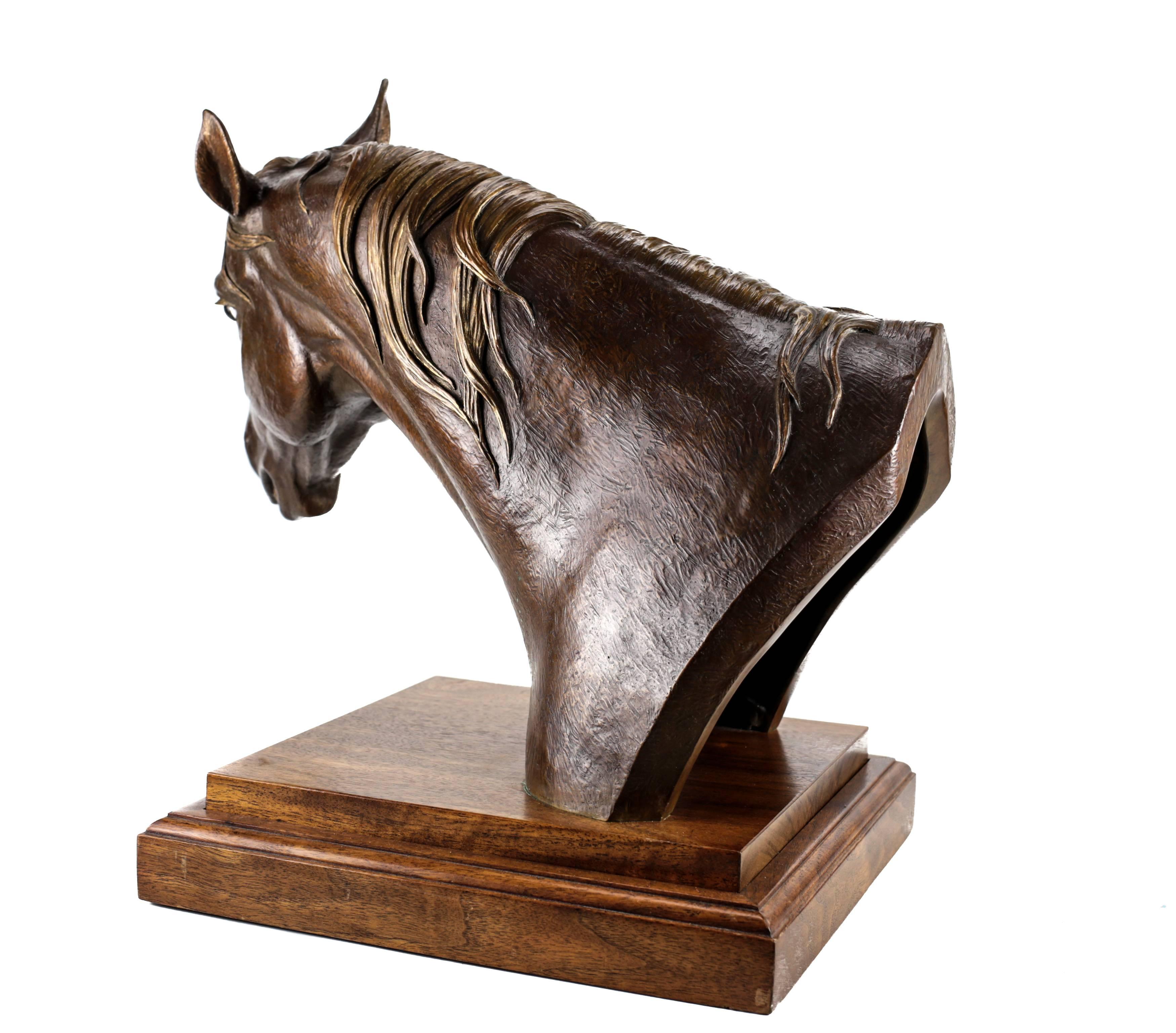 A realistically modelled patinated bronze sculpture of a horse by American artist Marilyn Newmark (1928-2013). The bust with a fine brushed and textured finish, along with the variations to the hair and eyelids, exude a life like character. 

Hand