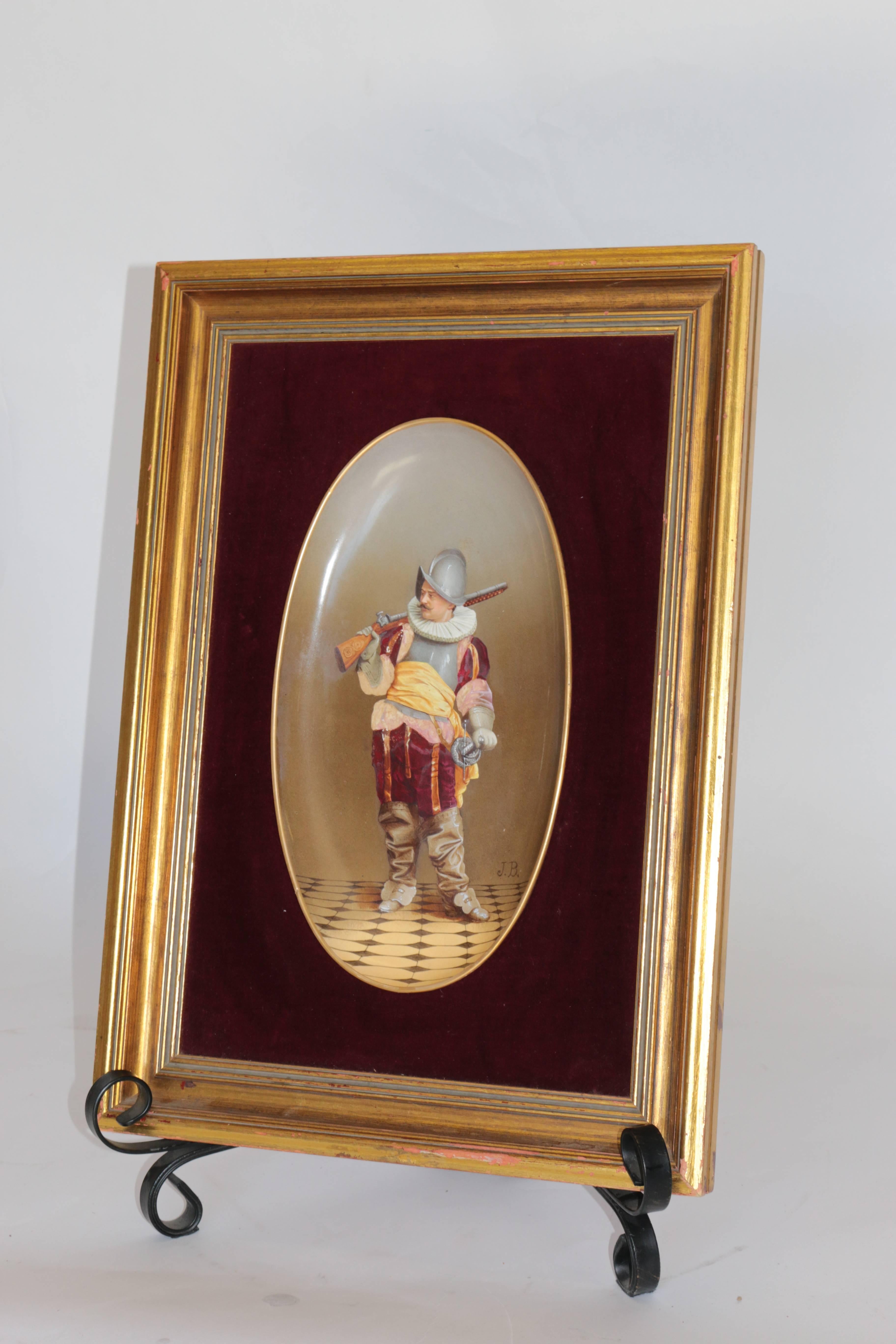 19tth century French hand-painted porcelain plaque with custom frame and velvet backing. This beautiful porcelain is accentuated by the velvet backing and the custom frame. 

The porcelain plaque is removable.