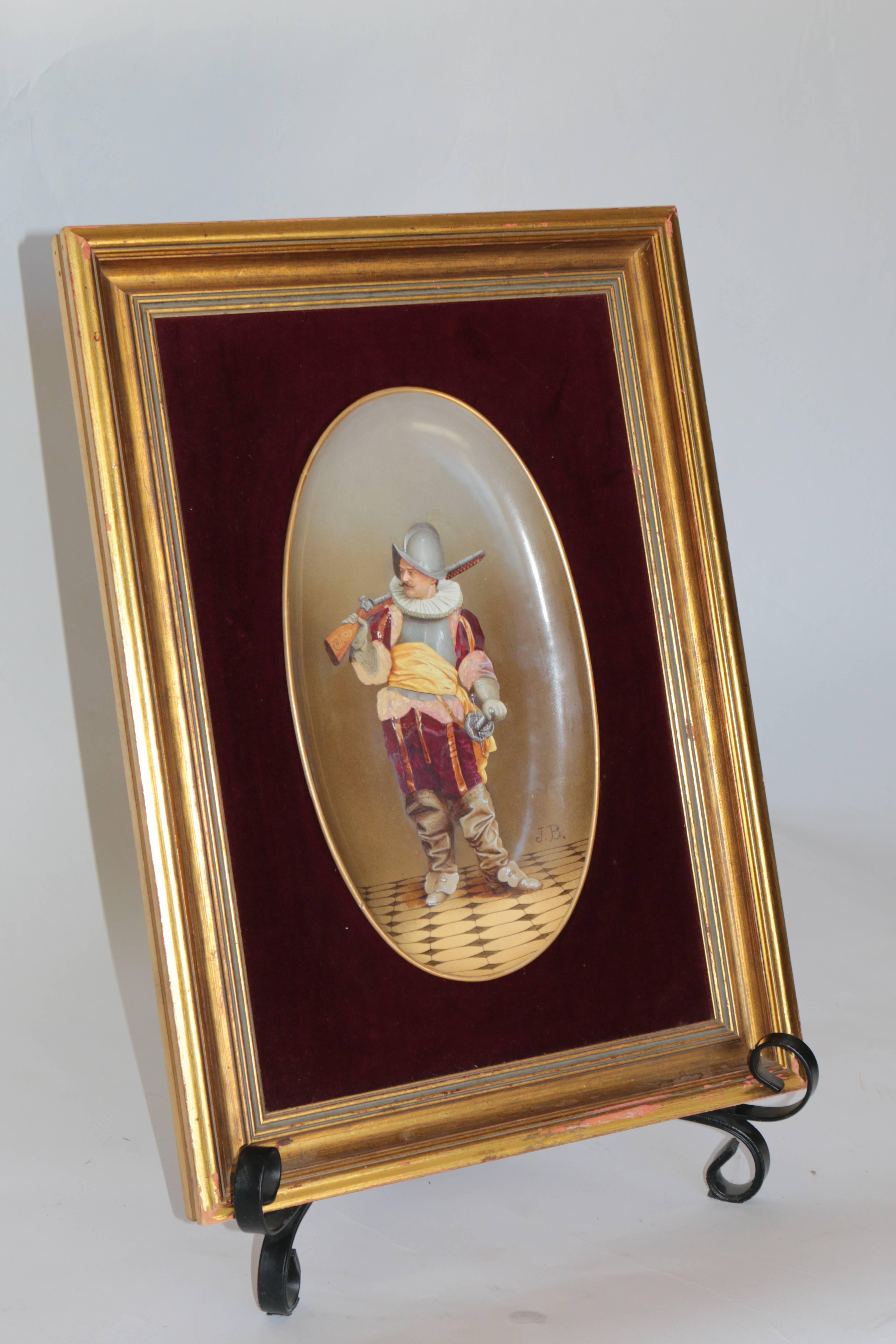 French Framed Signed J.B. Hand-Painted Porcelain Plaque with Custom Frame For Sale