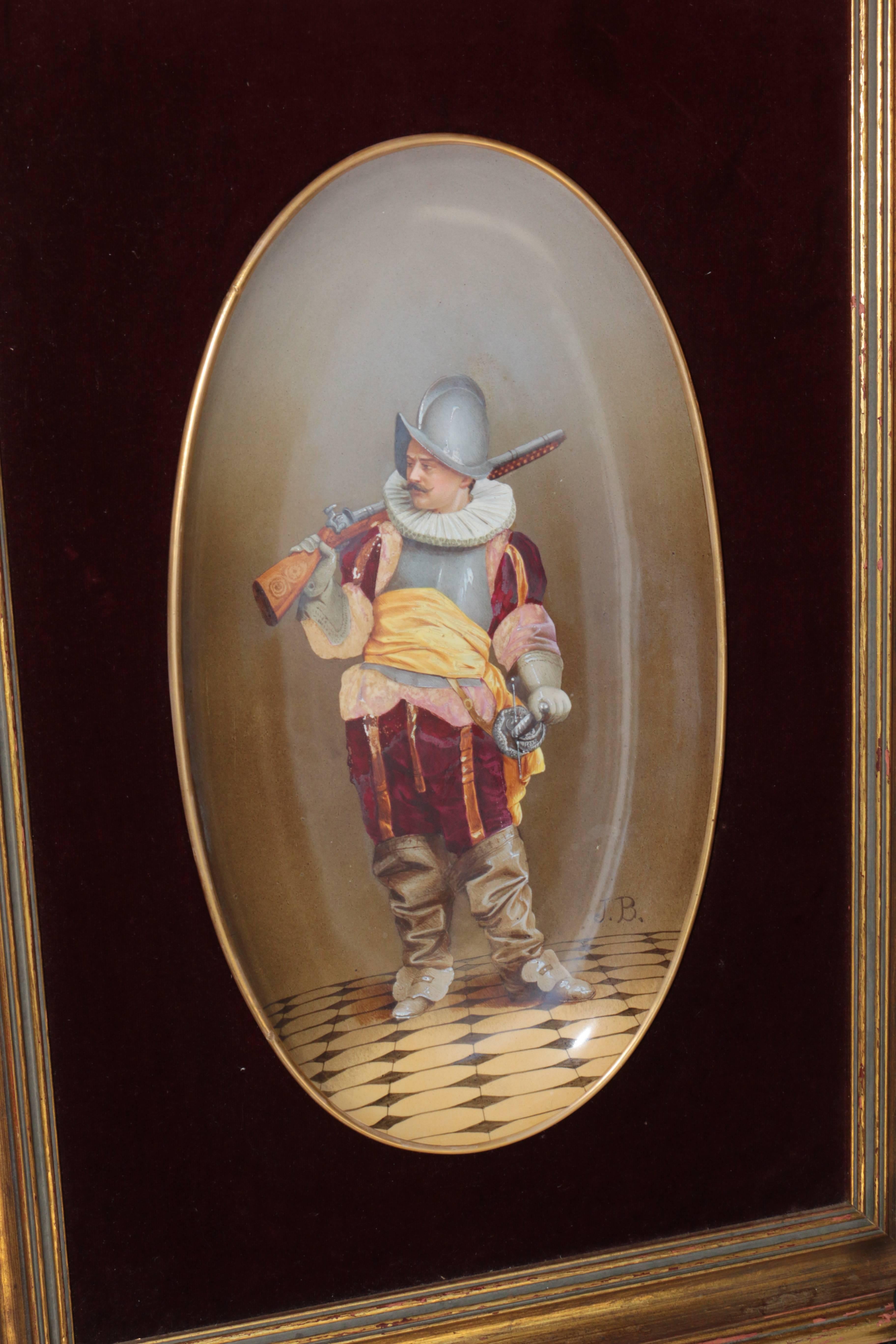 Framed Signed J.B. Hand-Painted Porcelain Plaque with Custom Frame In Excellent Condition For Sale In Pasadena, CA