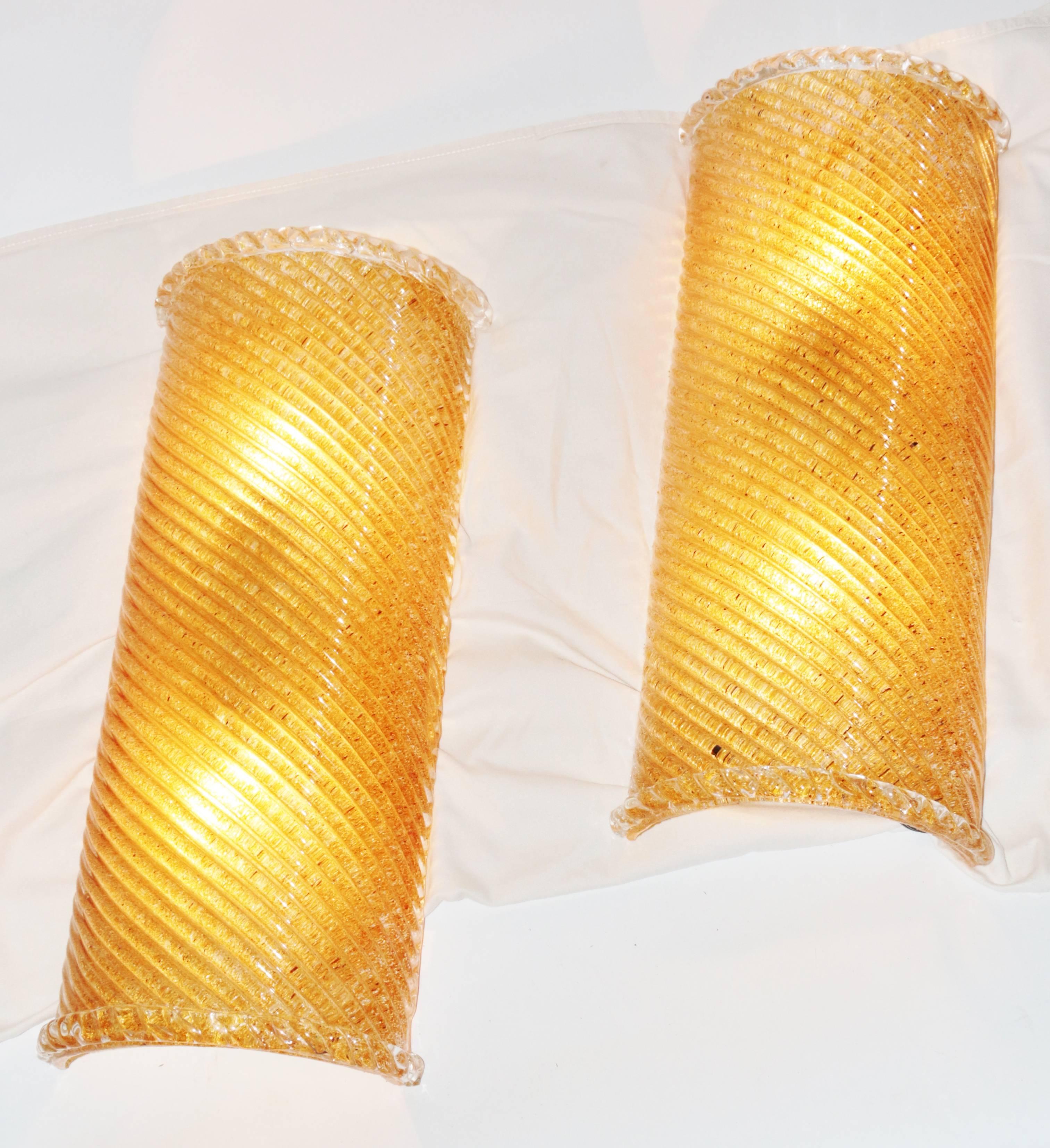 Pair of Crescent Murano Hanging Wall Sconces with Gold Clusters 1