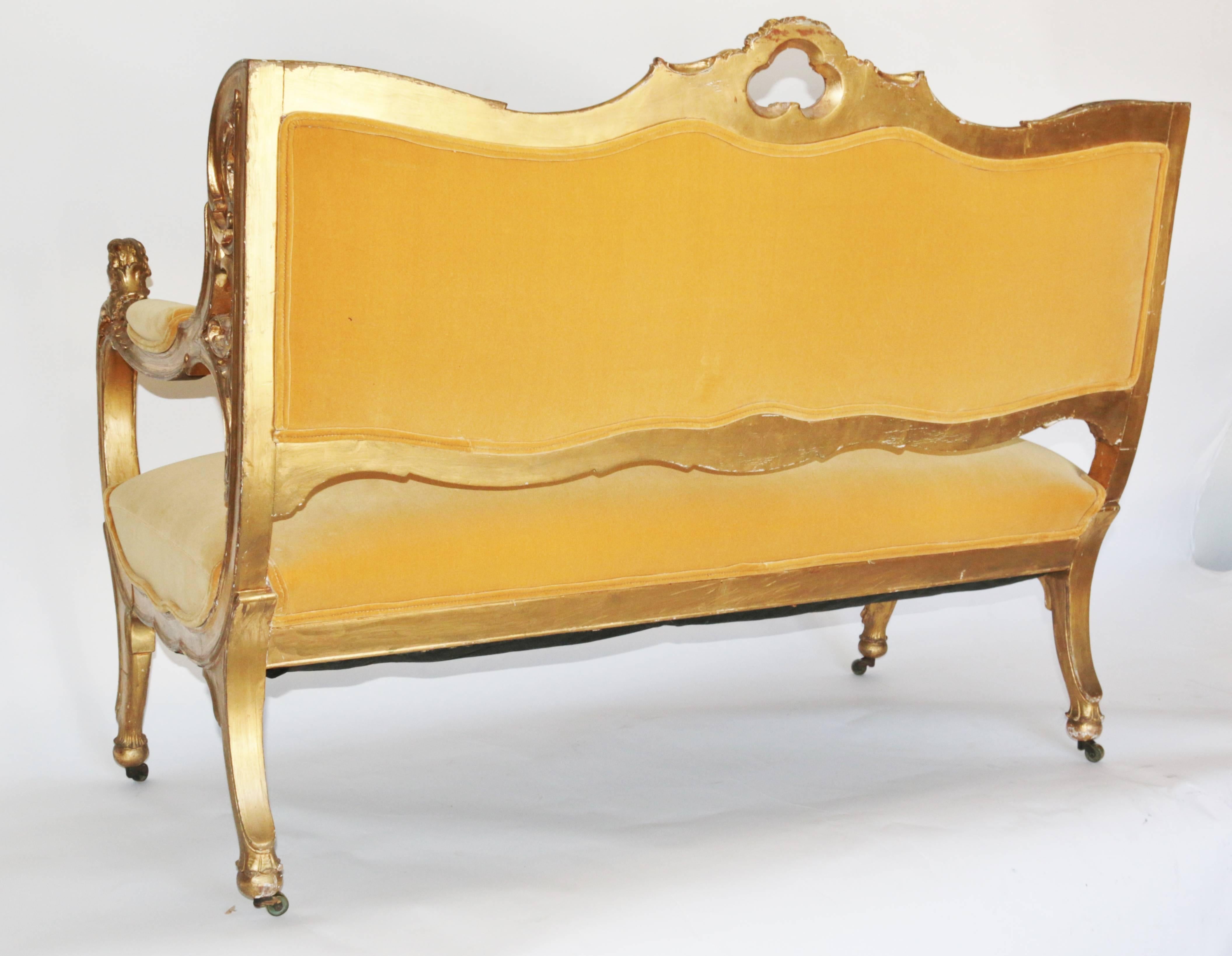 19th Century Art Noveau Settee in Yellow Velvet with Original Gilt Wood Frame  3