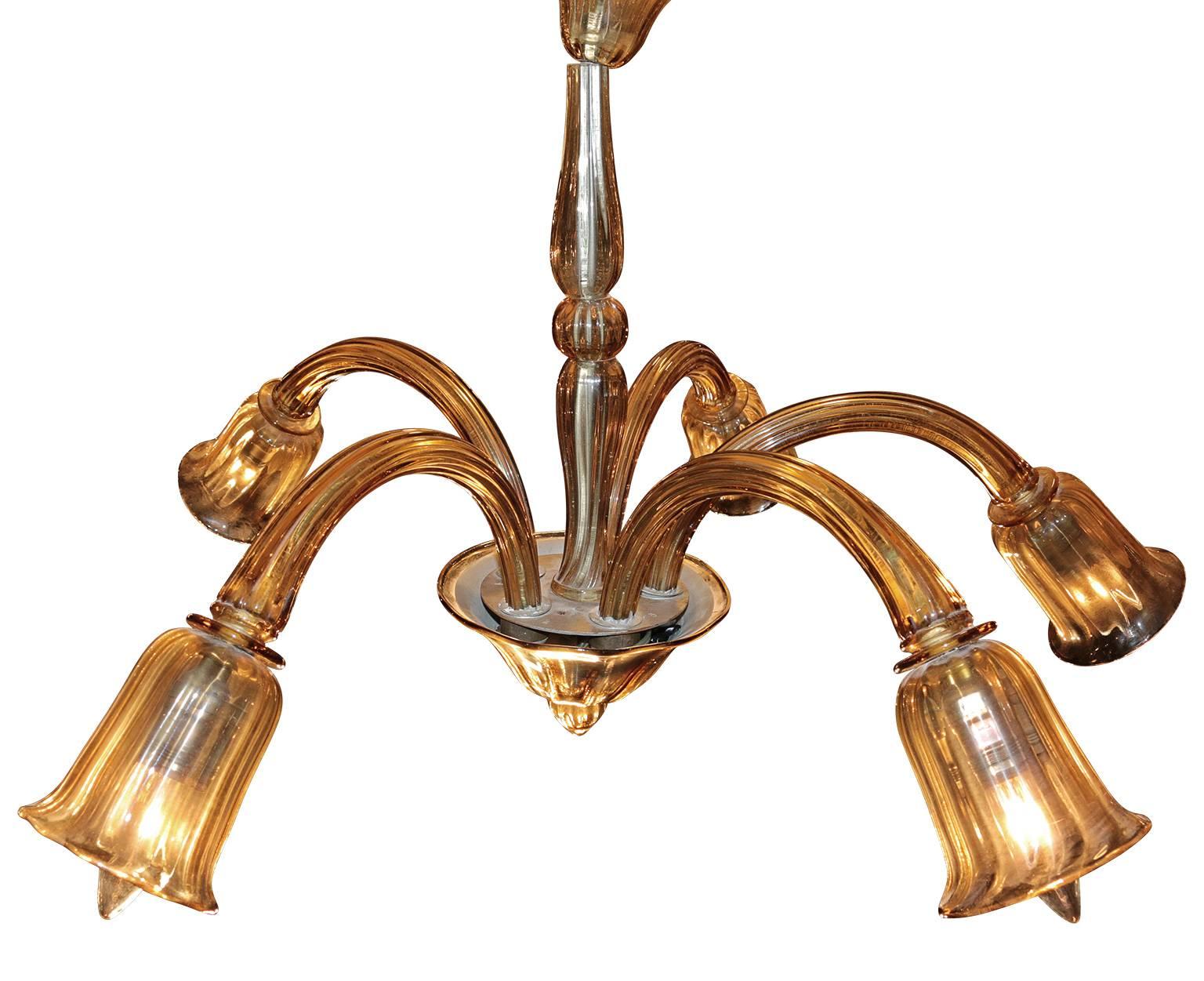 Murano modern Venetian Handblown glass Chandelier with Five Arms In Excellent Condition In Pasadena, CA
